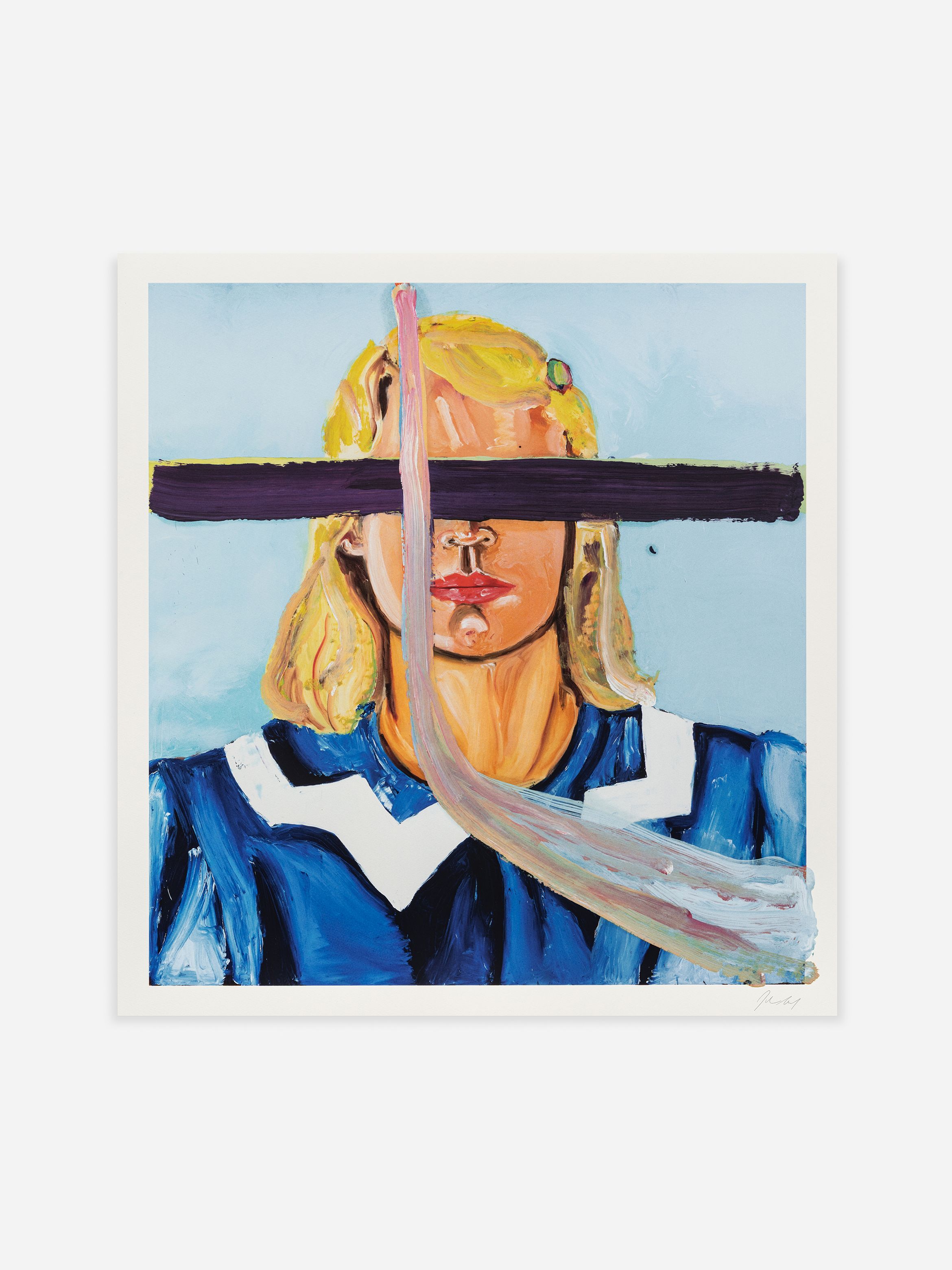 A painting of a person with blonde hair and blue clothing, obscured by bold black and pink brushstrokes across the face and chest.