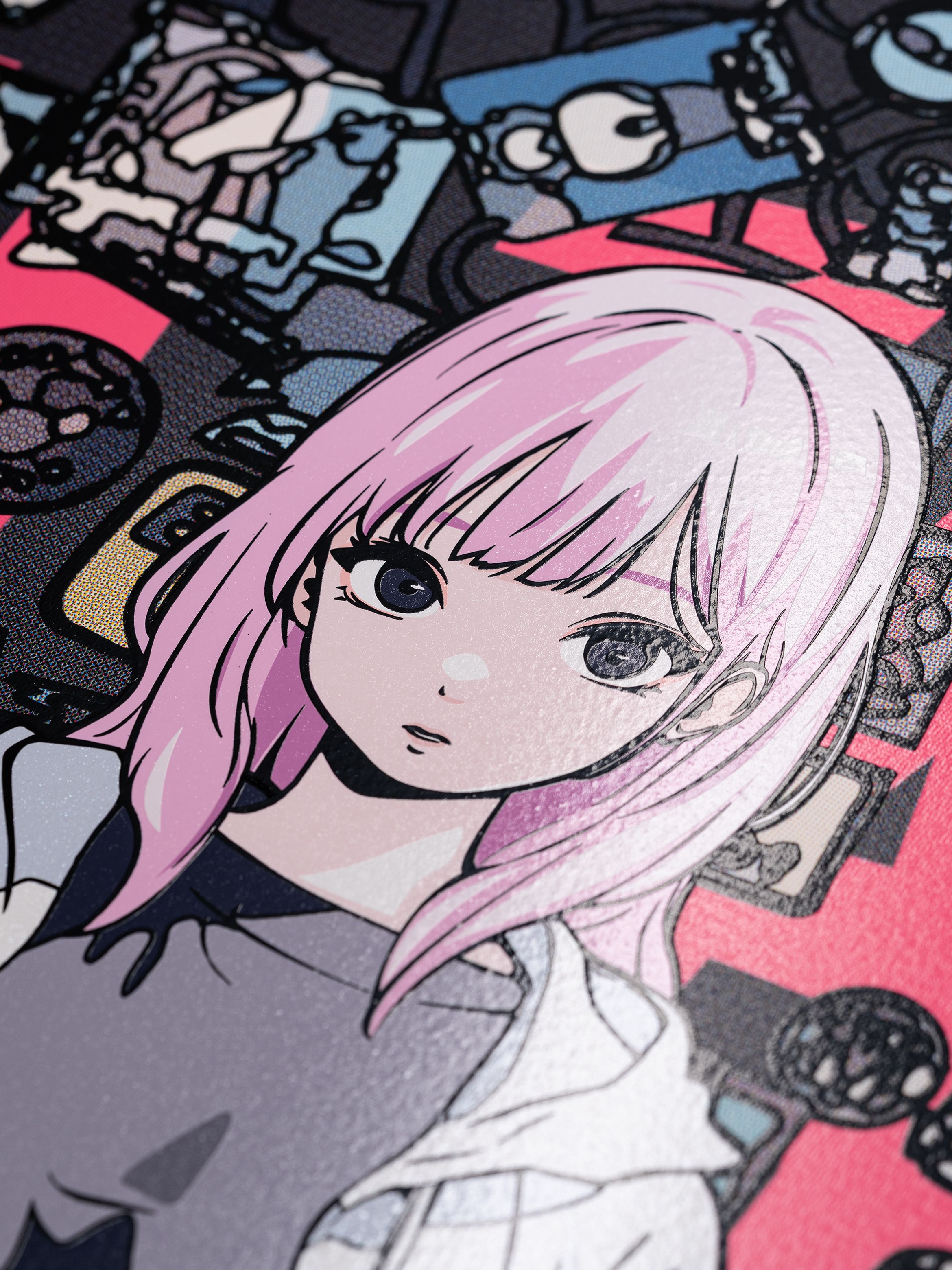 Anime-style illustration of a girl with pink hair against a vibrant background with mechanical and abstract designs.