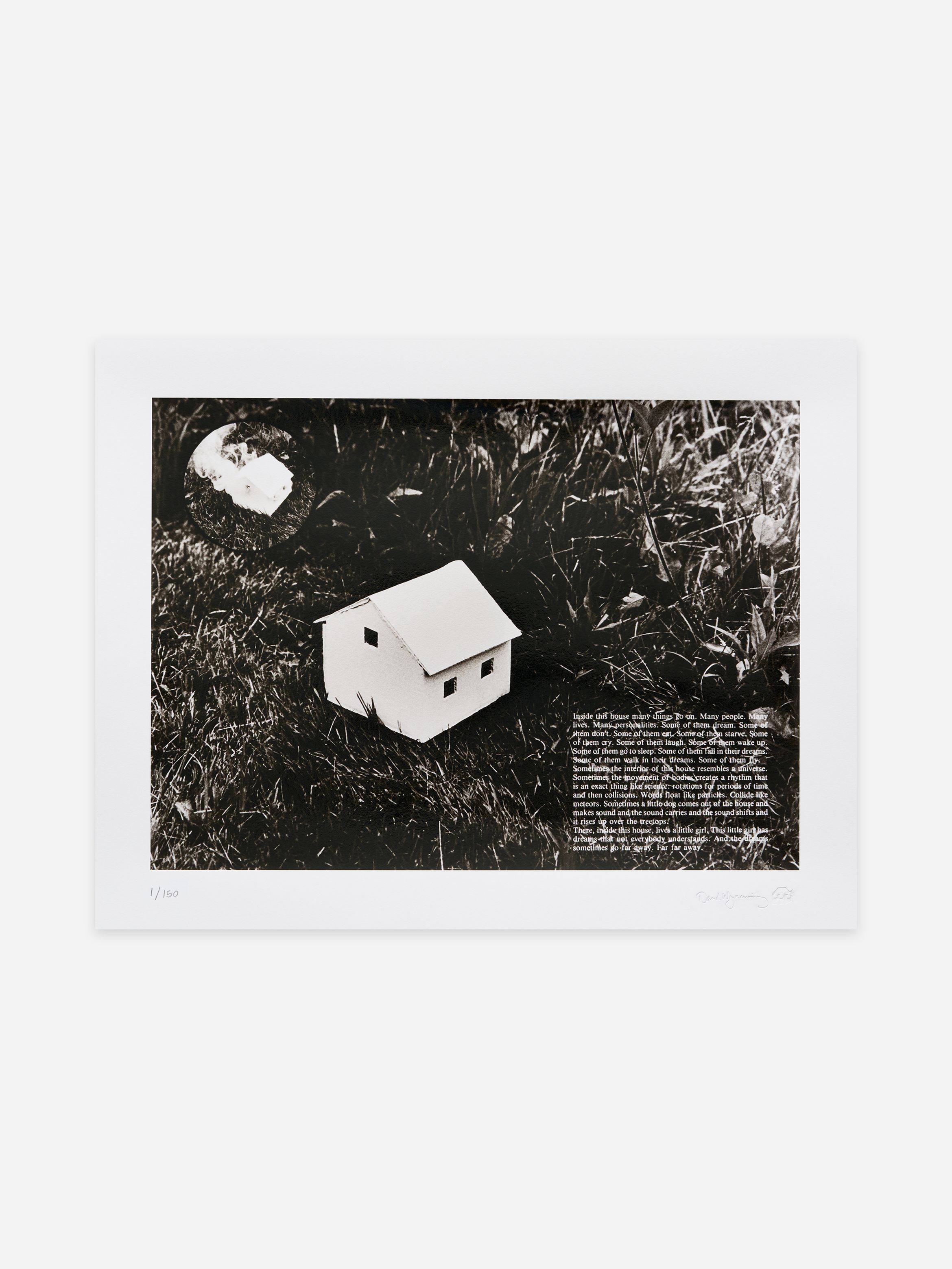 Black and white image of a small model house on grass, accompanied by a circular inset and text on the right side.