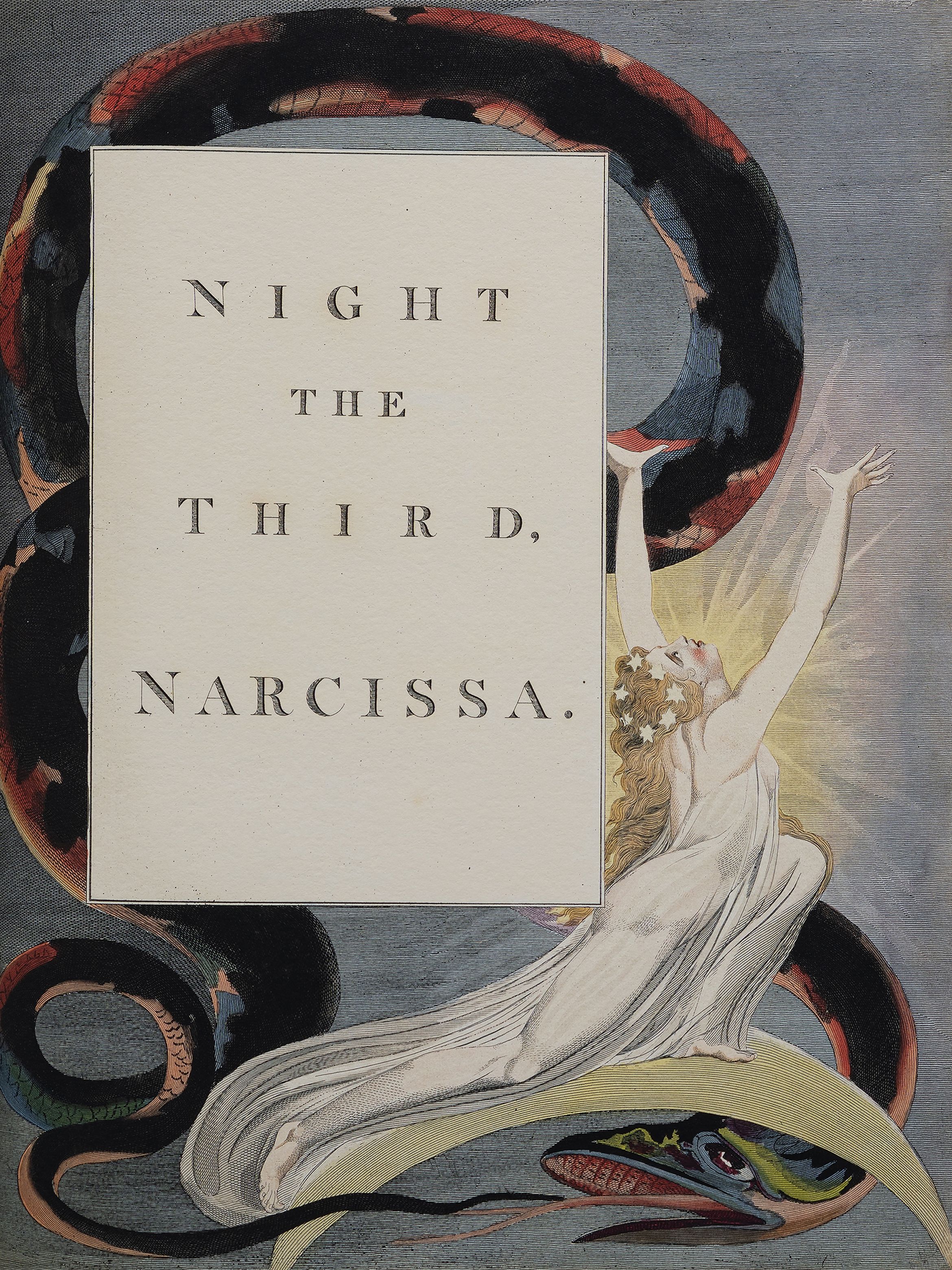 A woman in a white gown reaches upward beside a coiled serpent. The text reads "Night the Third, Narcissa" on a grey background.
