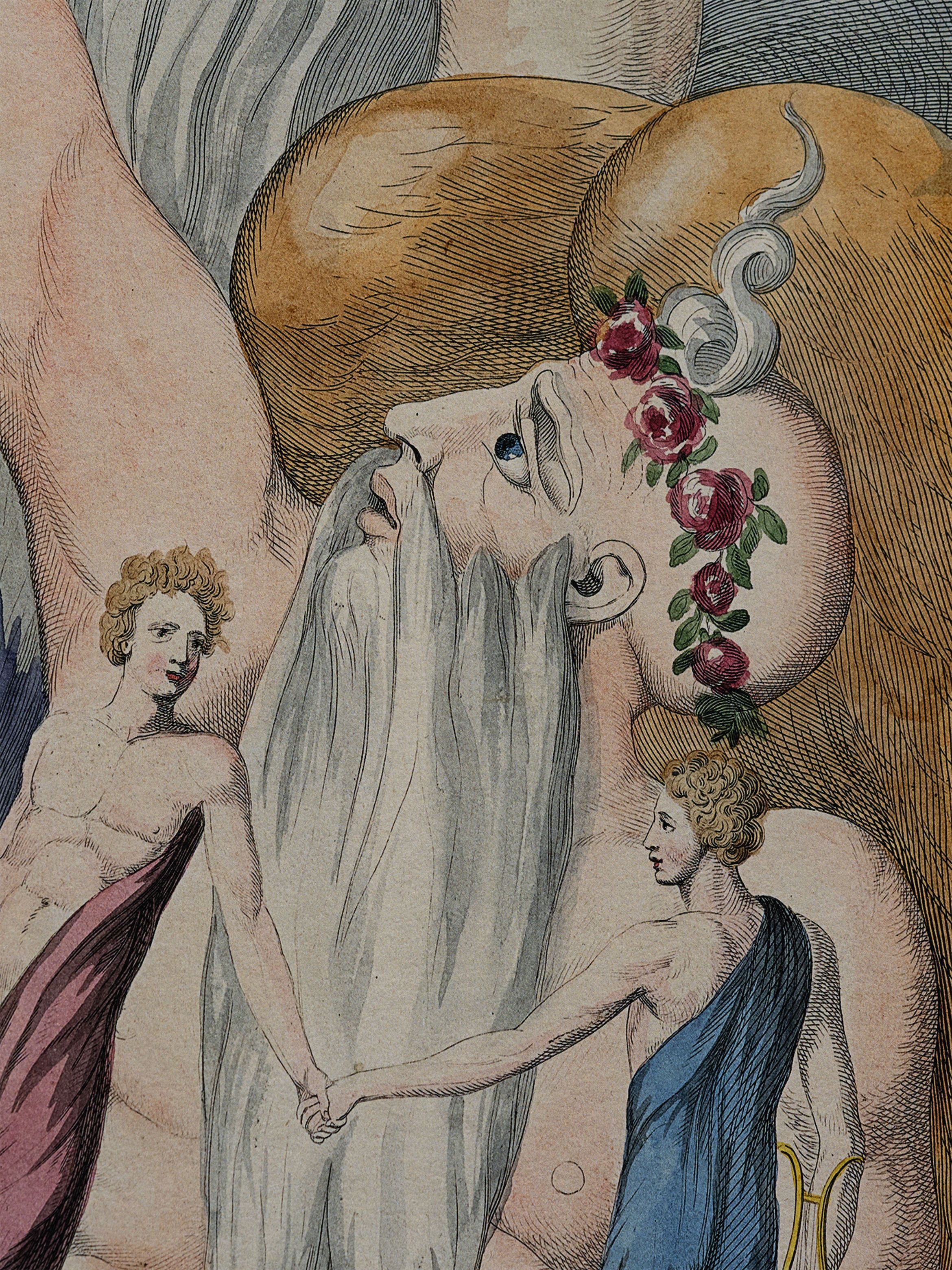 Mythological scene with an elderly bearded man wearing a flower crown, surrounded by two figures in colourful drapery, holding hands.