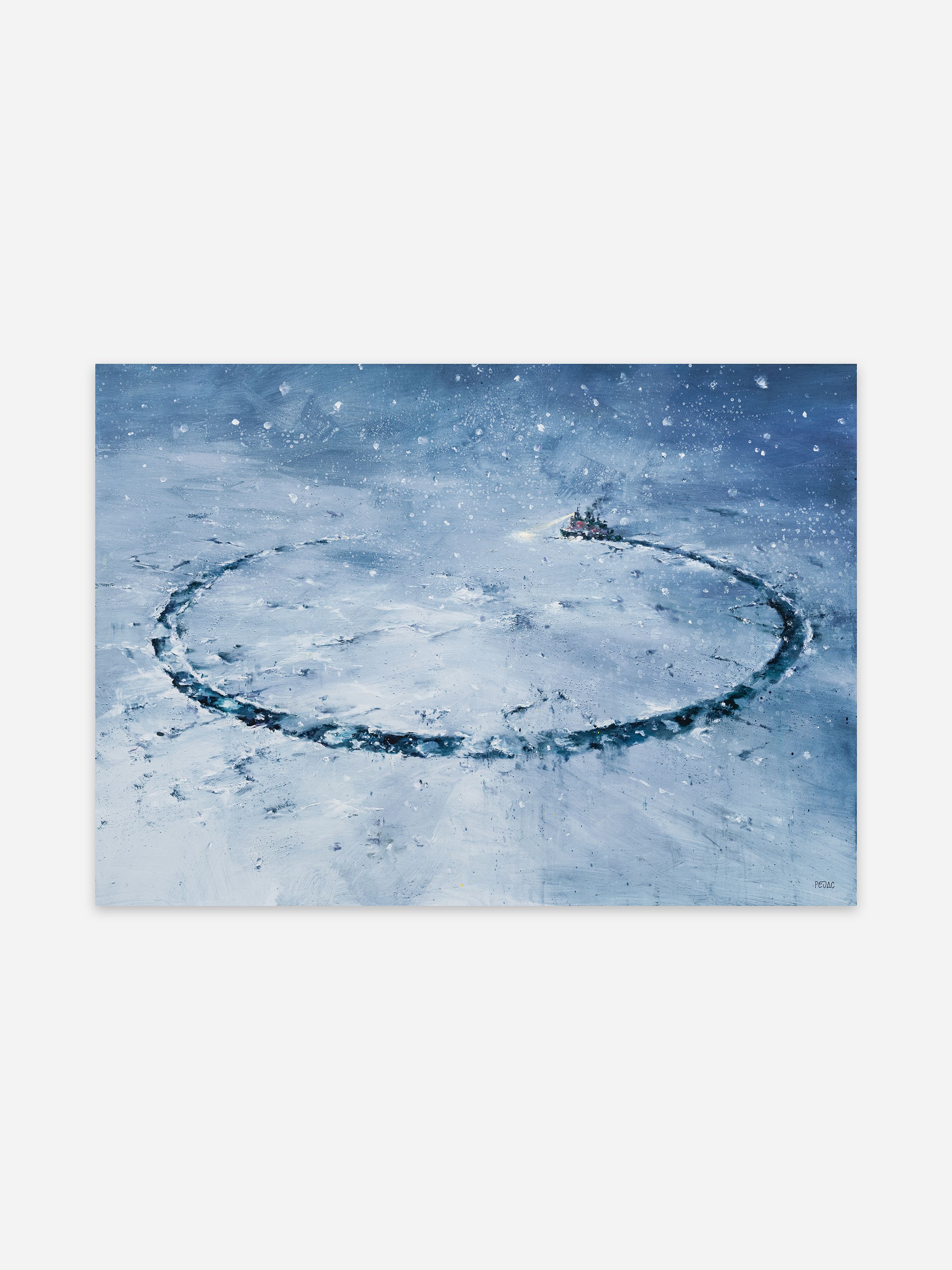 Painting of an icebreaker ship forming a large circular path in the ice, surrounded by snow-covered terrain under an overcast sky.