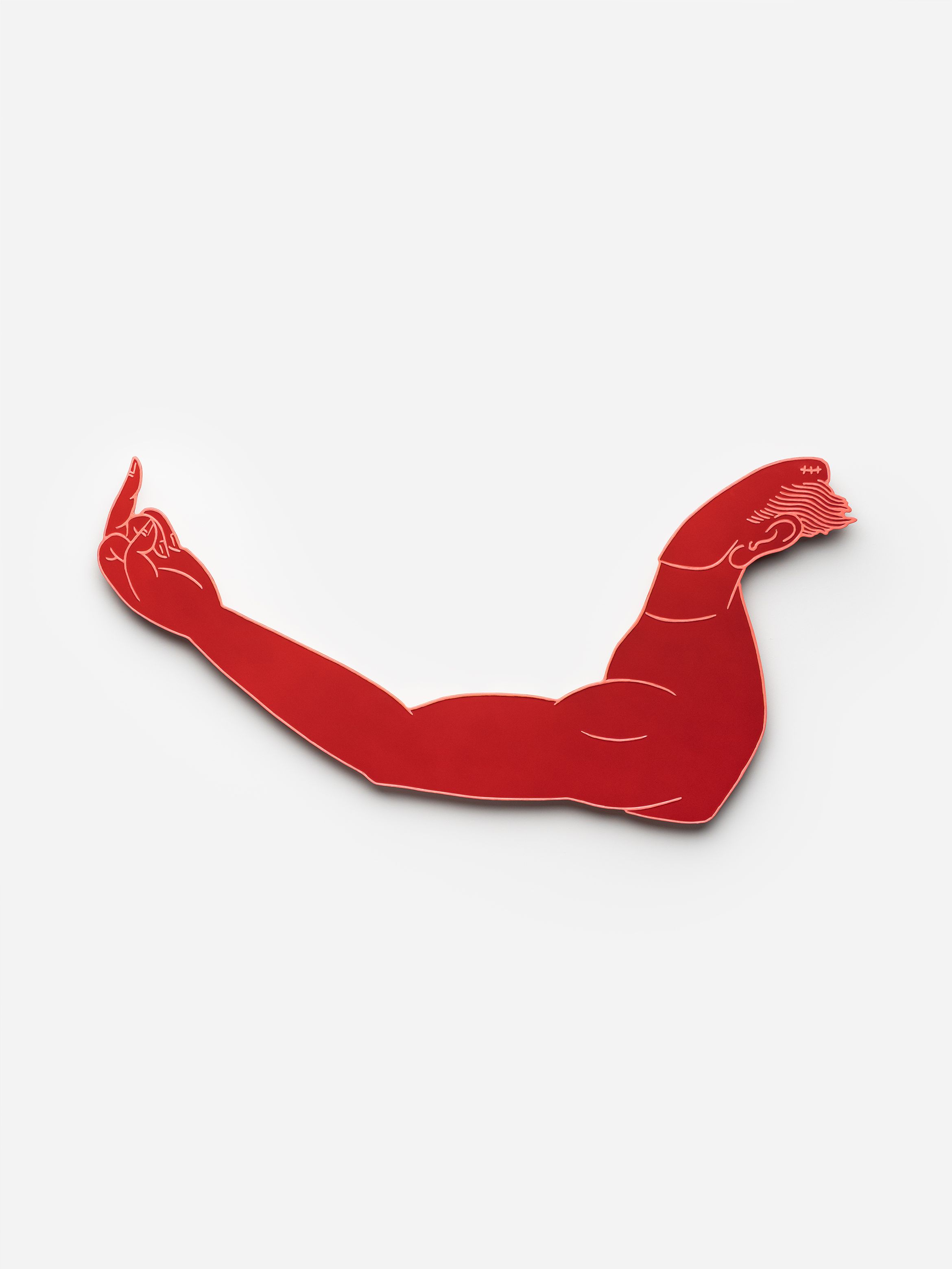 Red abstract sculpture of a muscular arm with an extended middle finger, set against a plain white background.