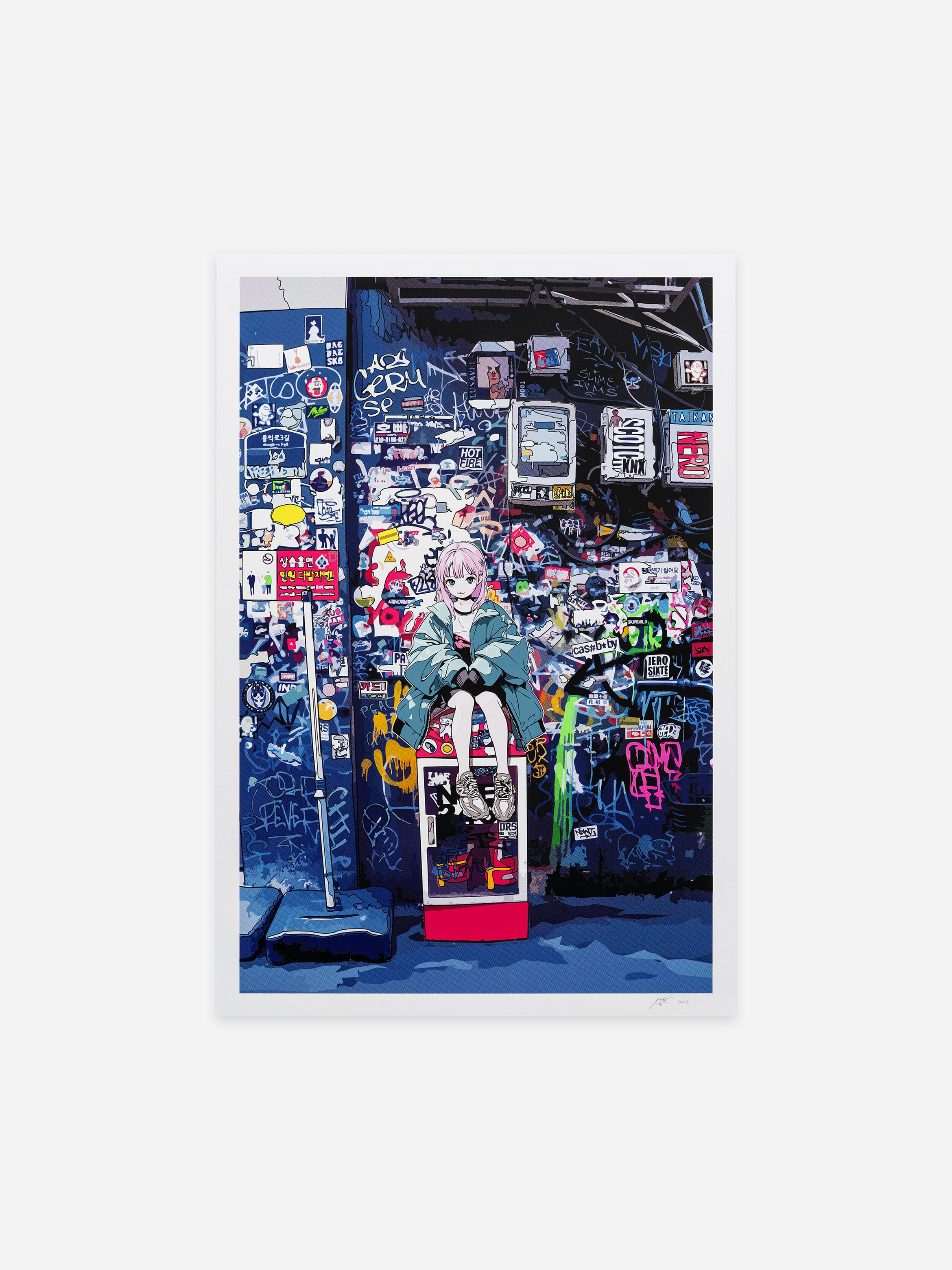 Anime-style illustration of a girl with pink hair sitting on a sticker-covered box, against a graffiti-filled blue wall. Anime-style illustration of a girl with pink hair sitting on a sticker-covered box, against a graffiti-filled blue wall.