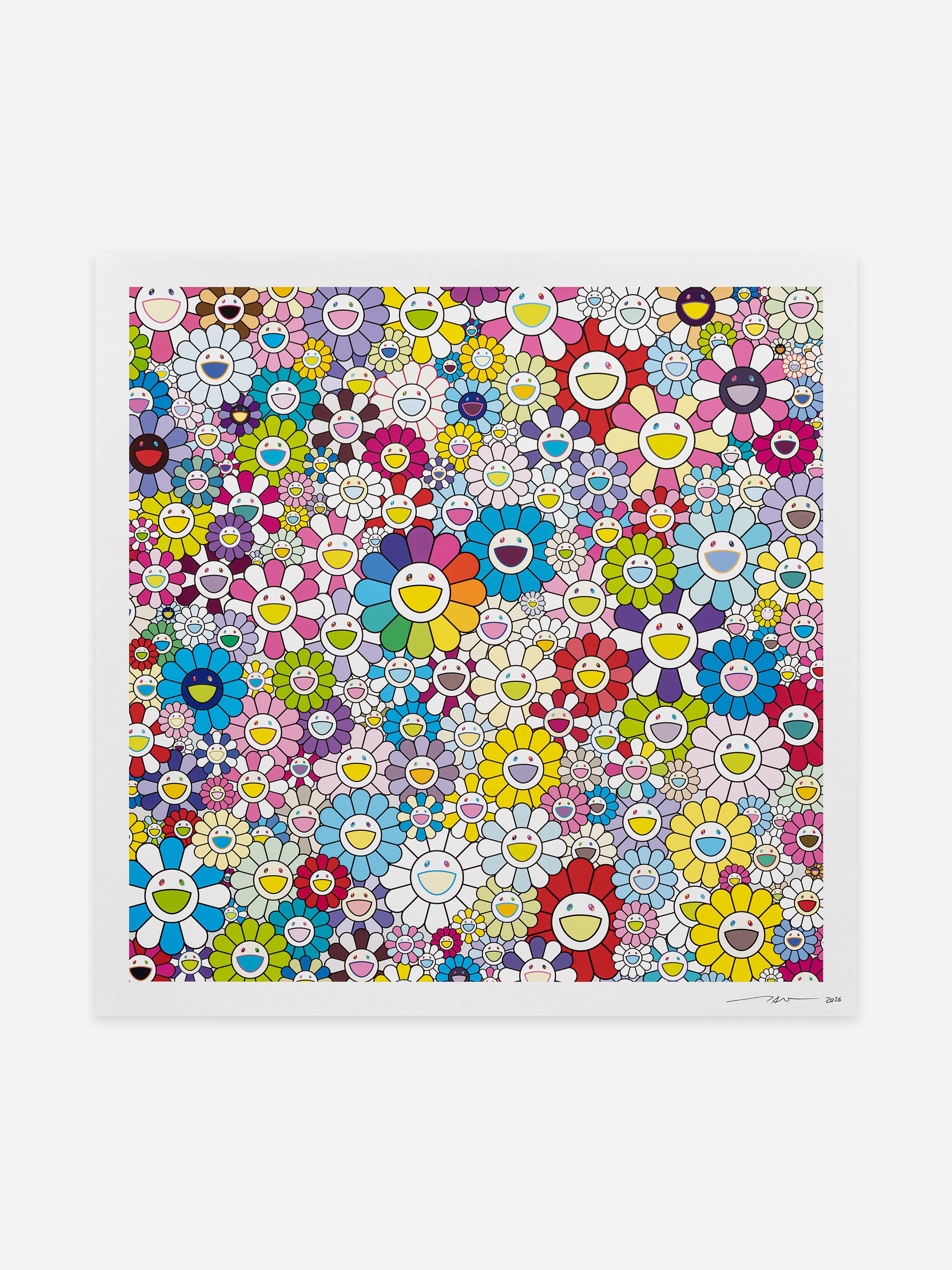A colourful artwork of various smiling flowers in different sizes and hues, creating a cheerful and lively pattern.