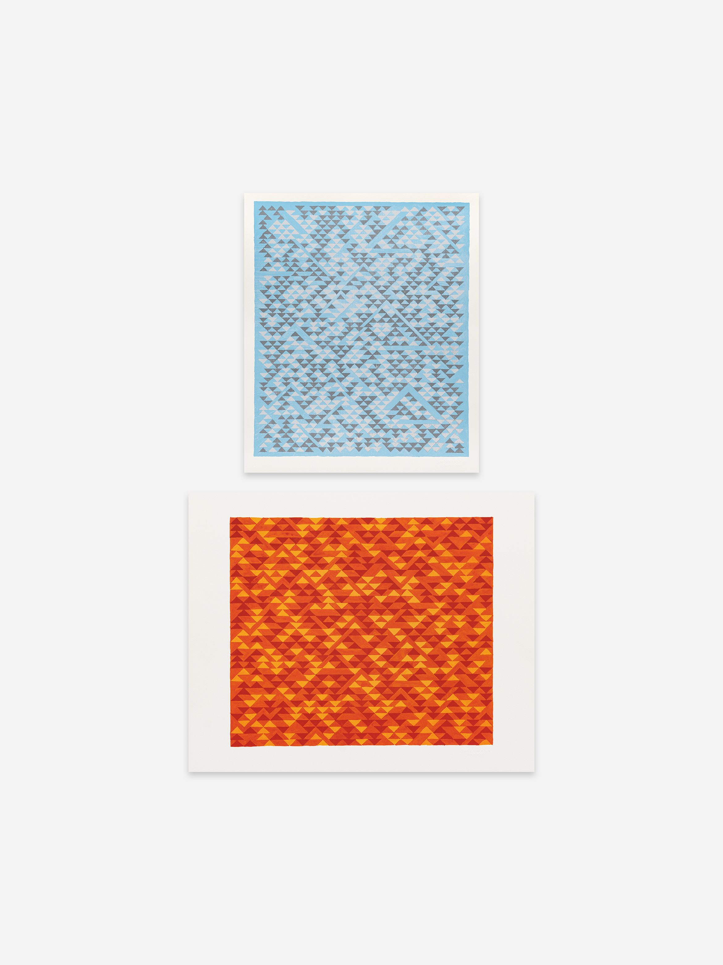 Two artworks feature overlapping triangle patterns: one in blue tones, the other in red and orange, both on white backgrounds.