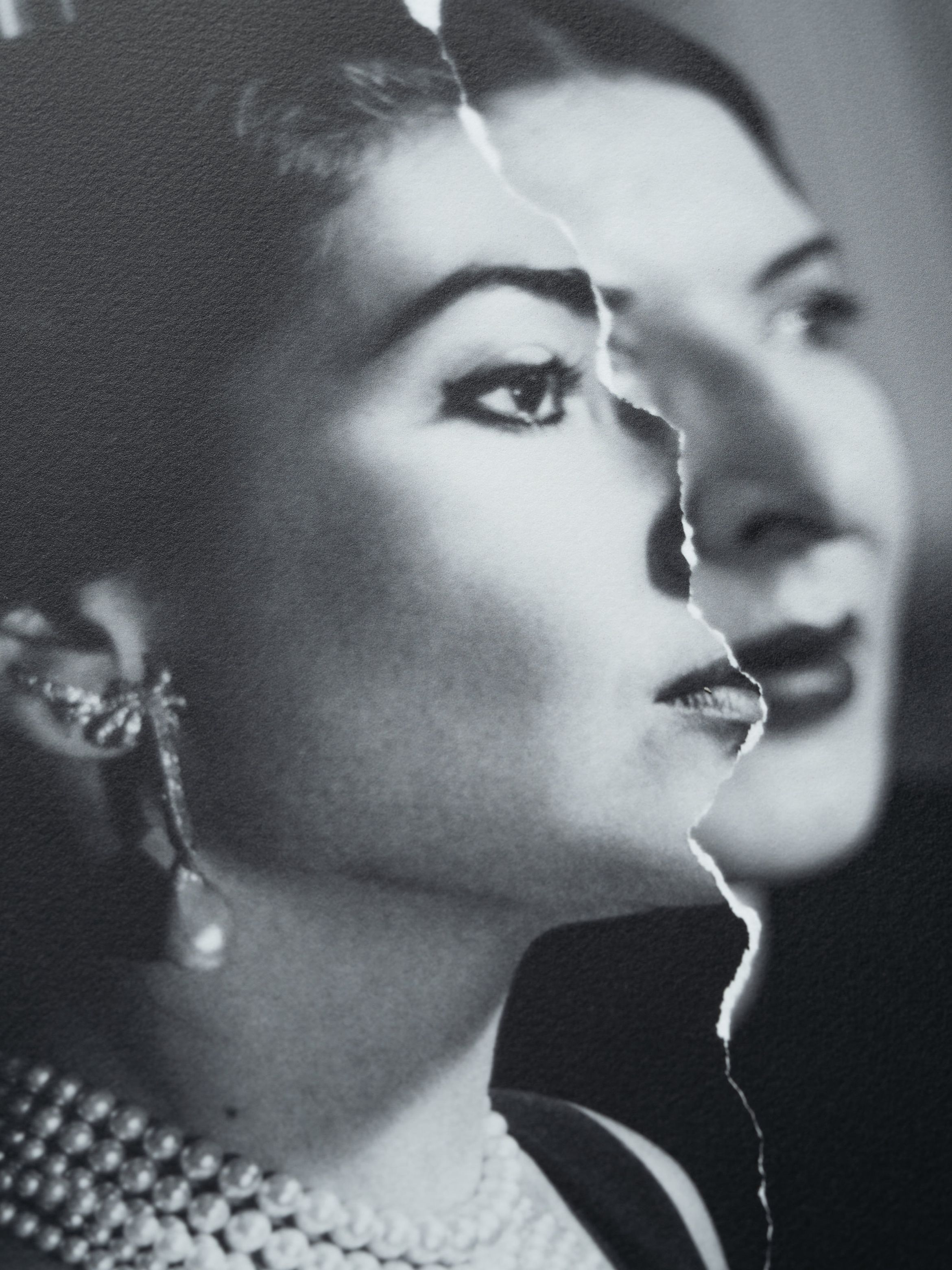 Black-and-white torn-photo compositae showing a glamorous woman's overlapping profile, wearing pearls and a drop earring.