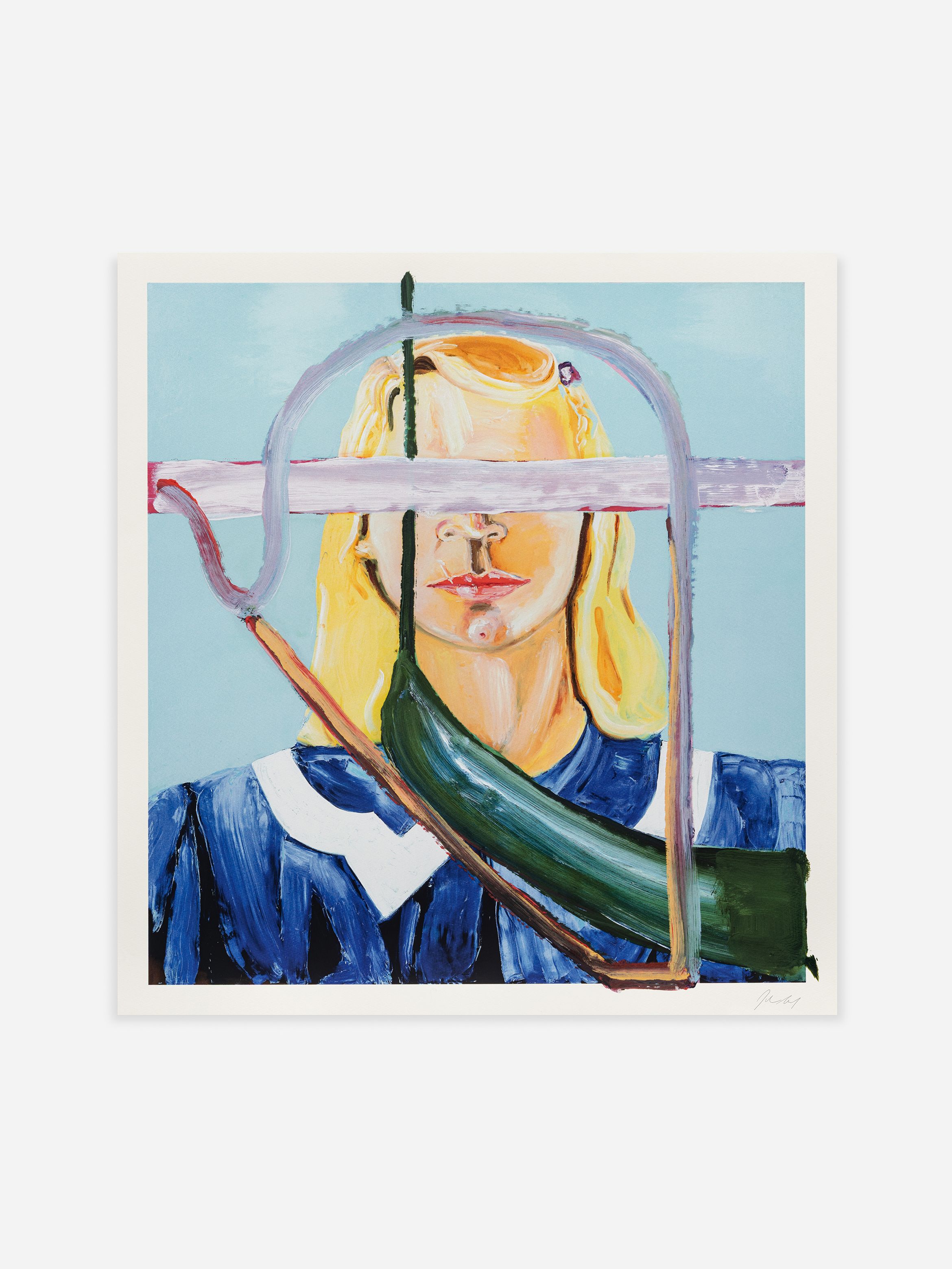 Abstract painting of a person with blonde hair, partially obscured by colorful, overlapping brushstrokes on a pastel blue background.