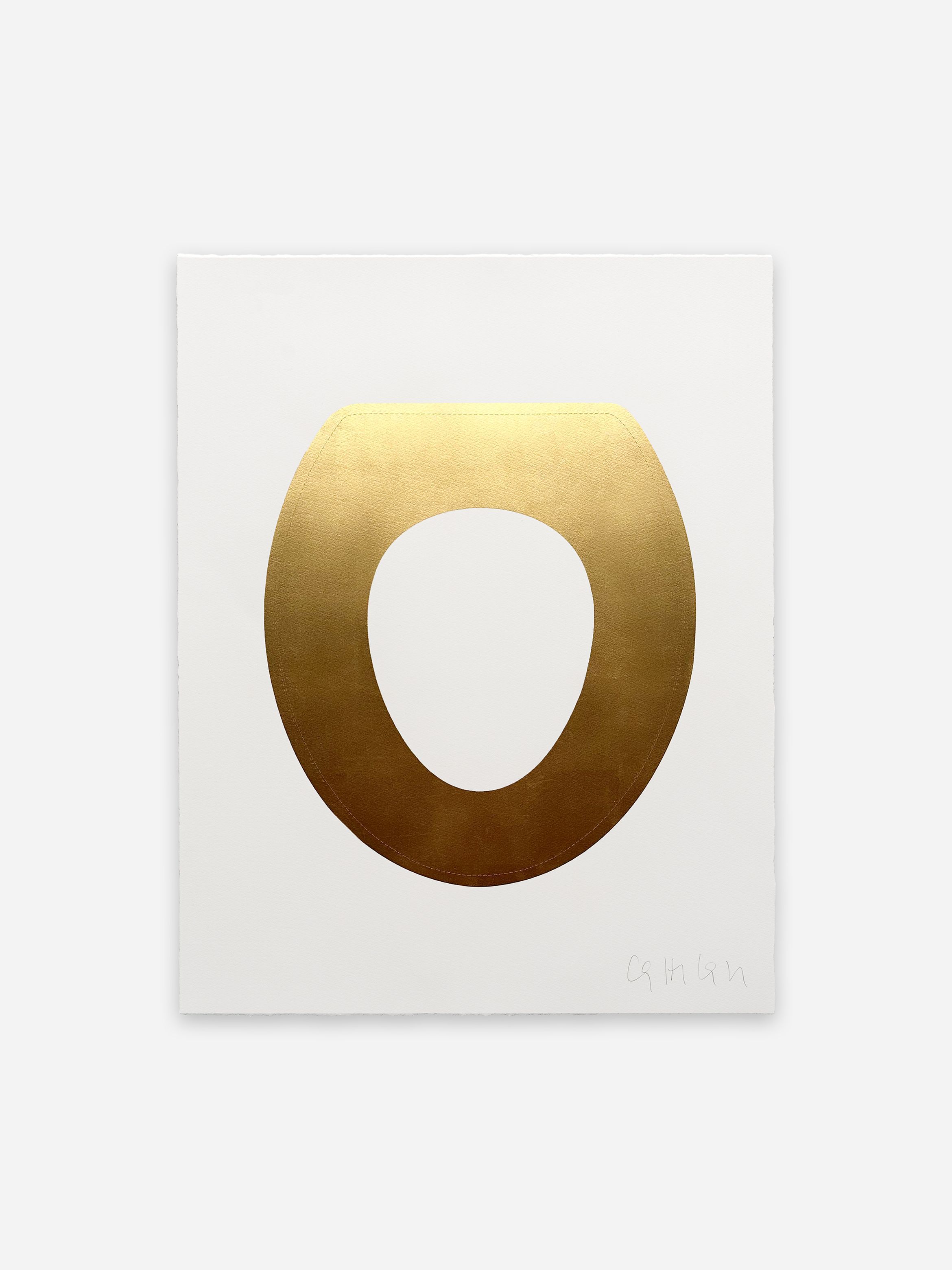 A gold, oval-shaped abstract design resembling a horseshoe on a white background with a signature in the lower right corner. A gold, oval-shaped abstract design resembling a horseshoe on a white background with a signature in the lower right corner.