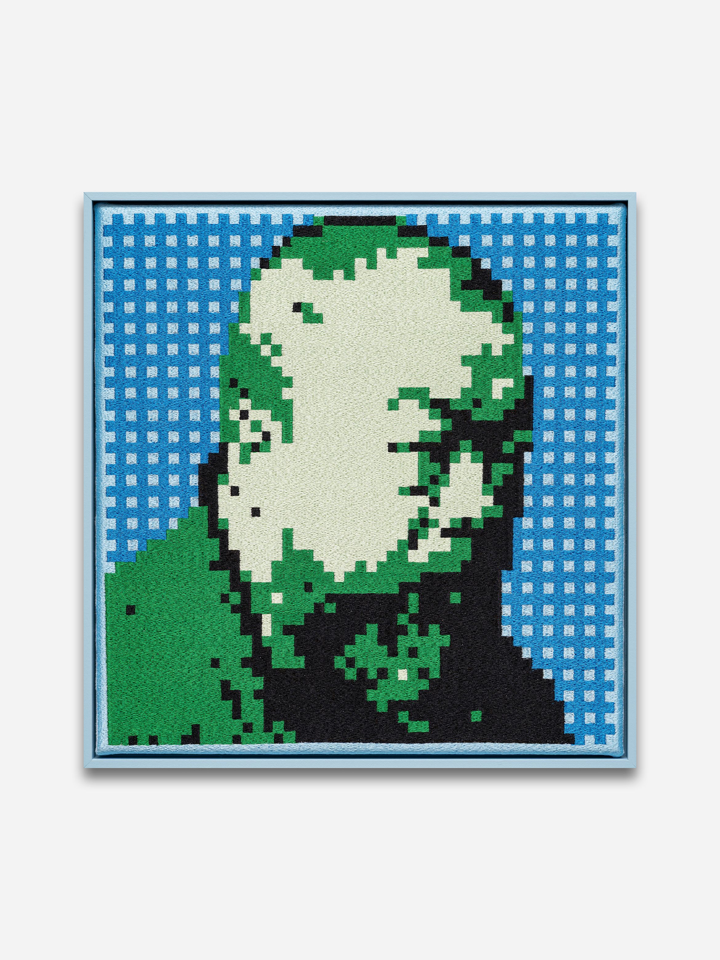 Pixelated stylised portrait of a bald head in green, cream and black over a blue chequered background, framed.