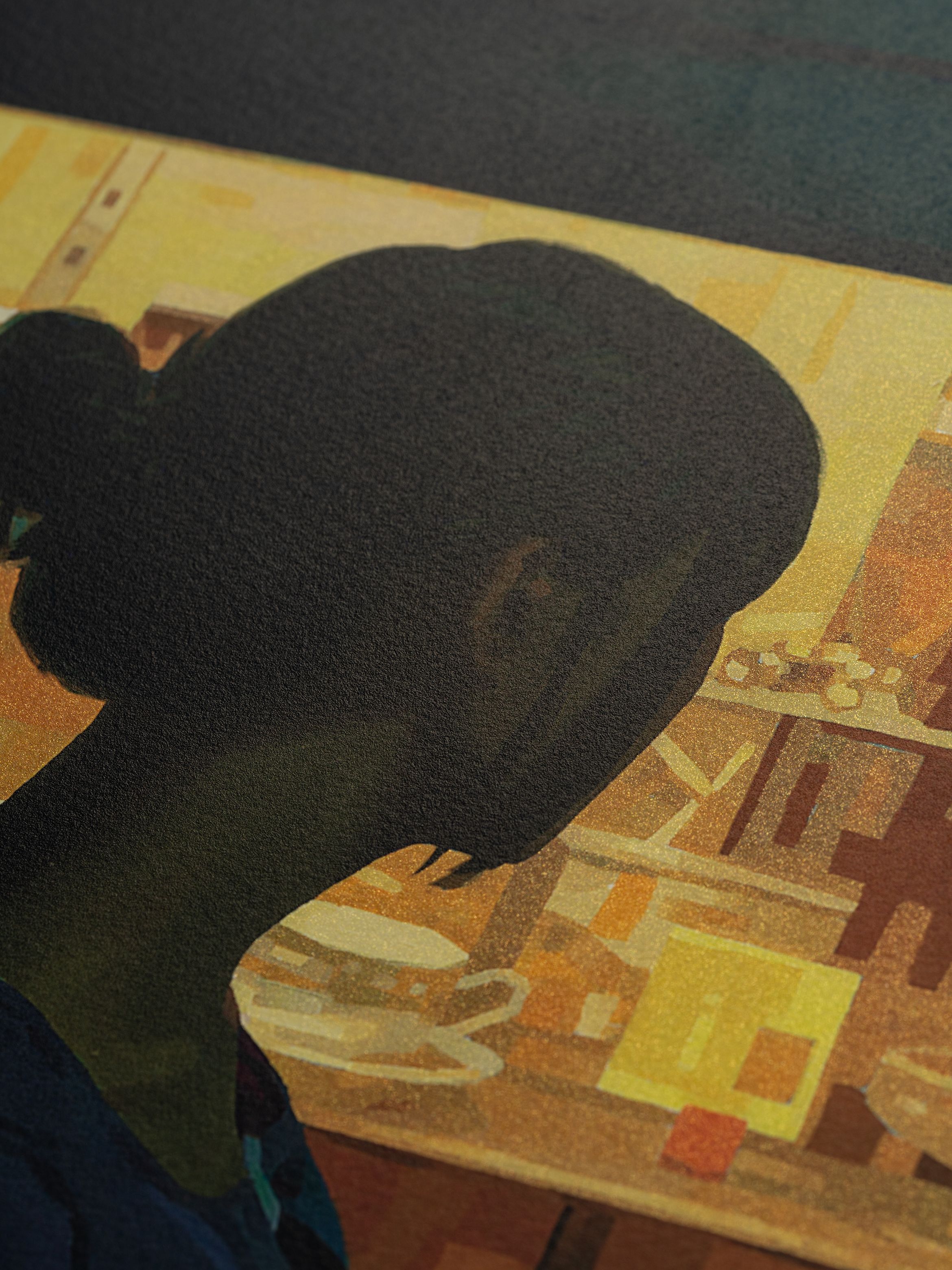 A person with a bun, set against a warm, abstract background featuring geometric shapes and soft lighting.