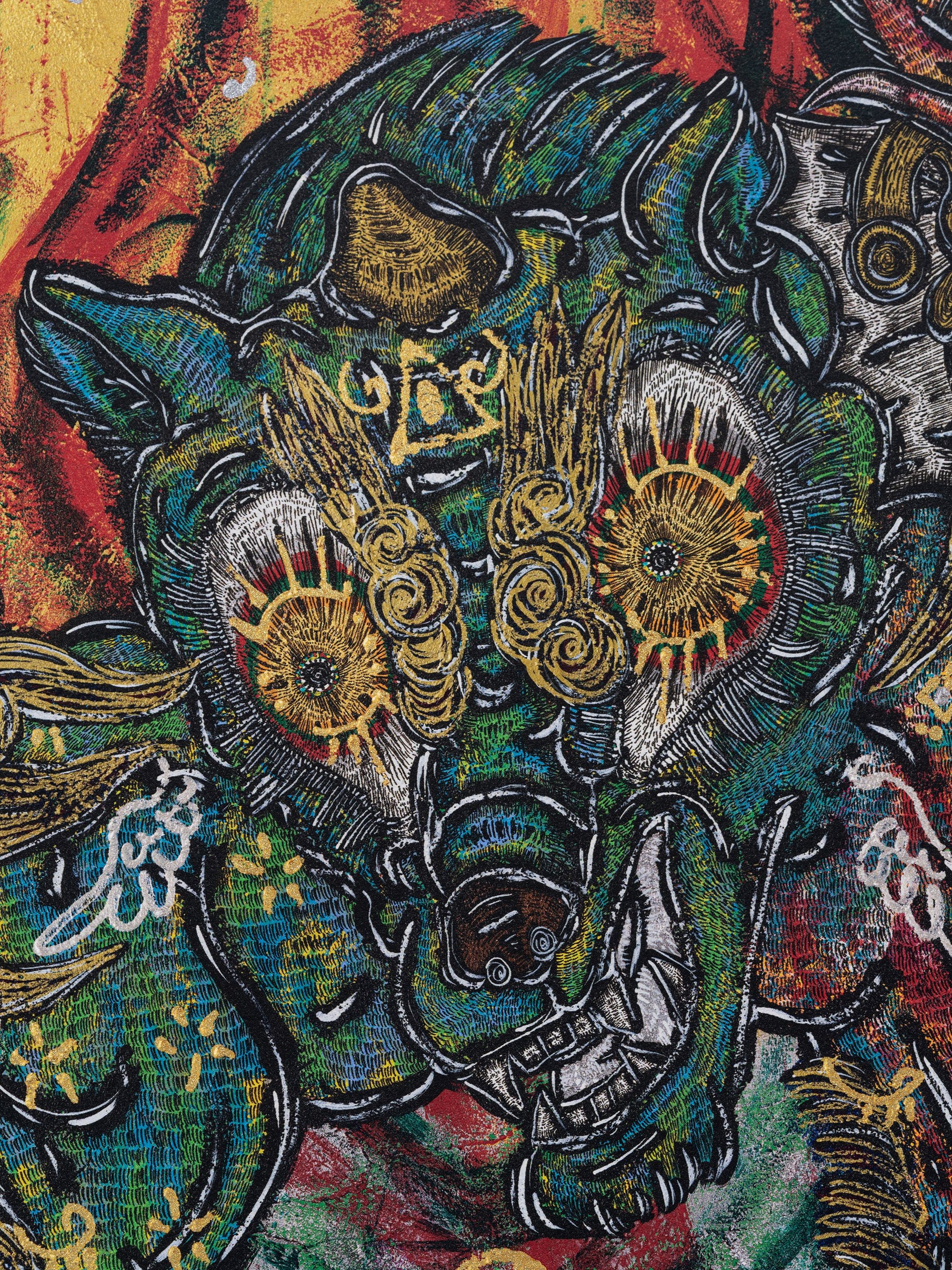 Colourful, abstract artwork featuring a vibrant creature with intricate patterns, swirling motifs, and bold, fiery background.