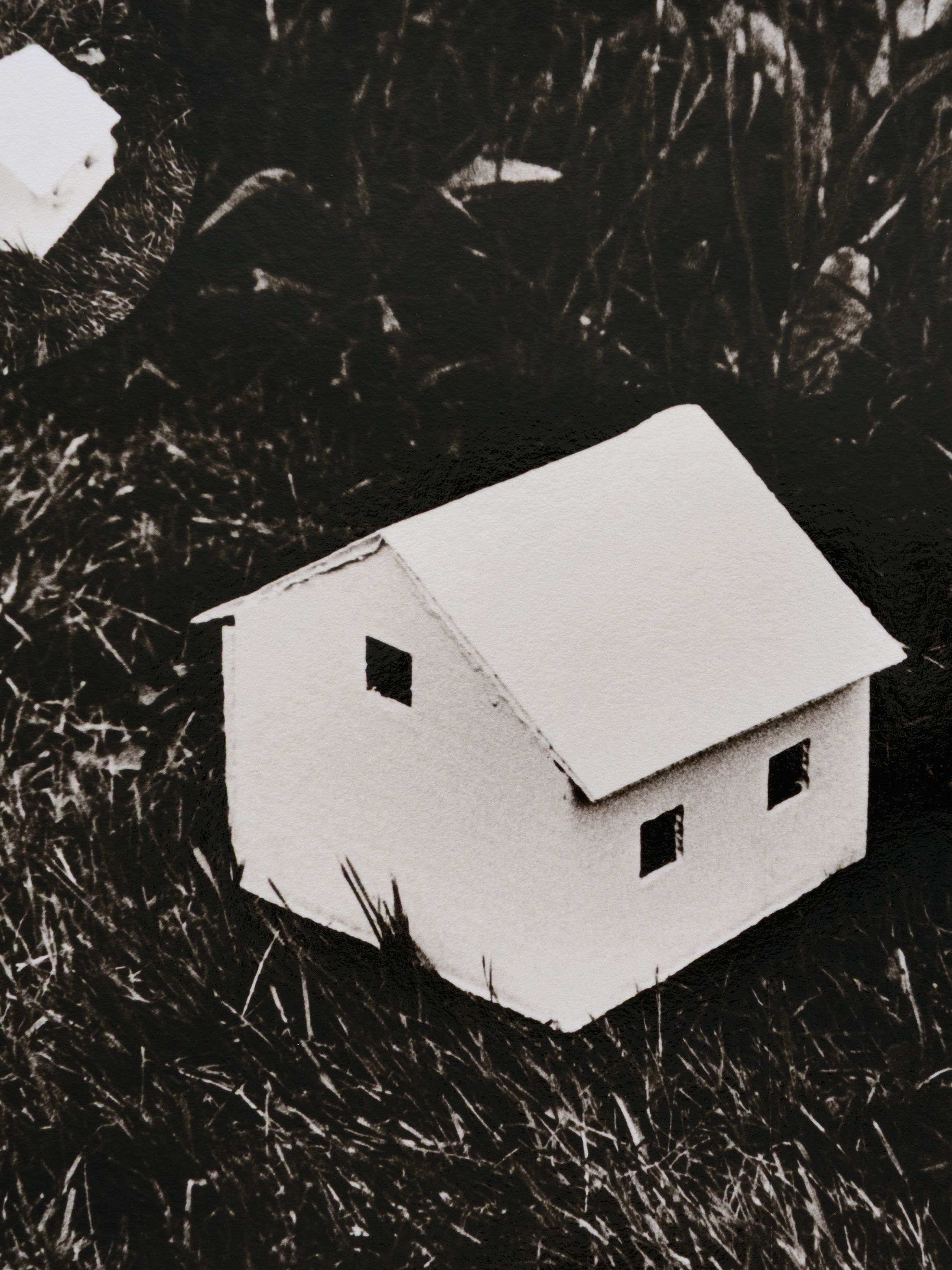 A small, white, paper model house with windows on grassy ground, shown in black and white.