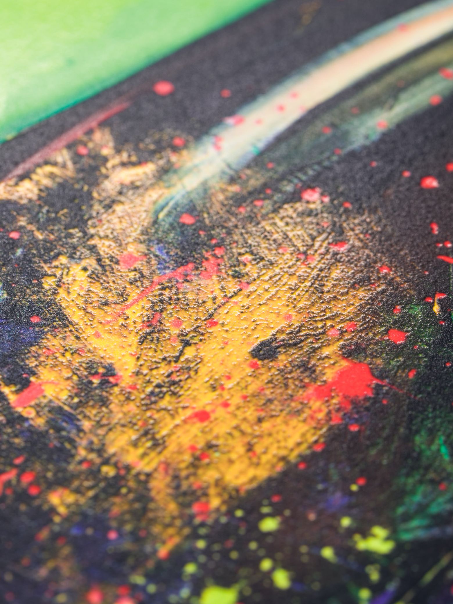 surface texture of multiple layers of silkscreen with paint splashes