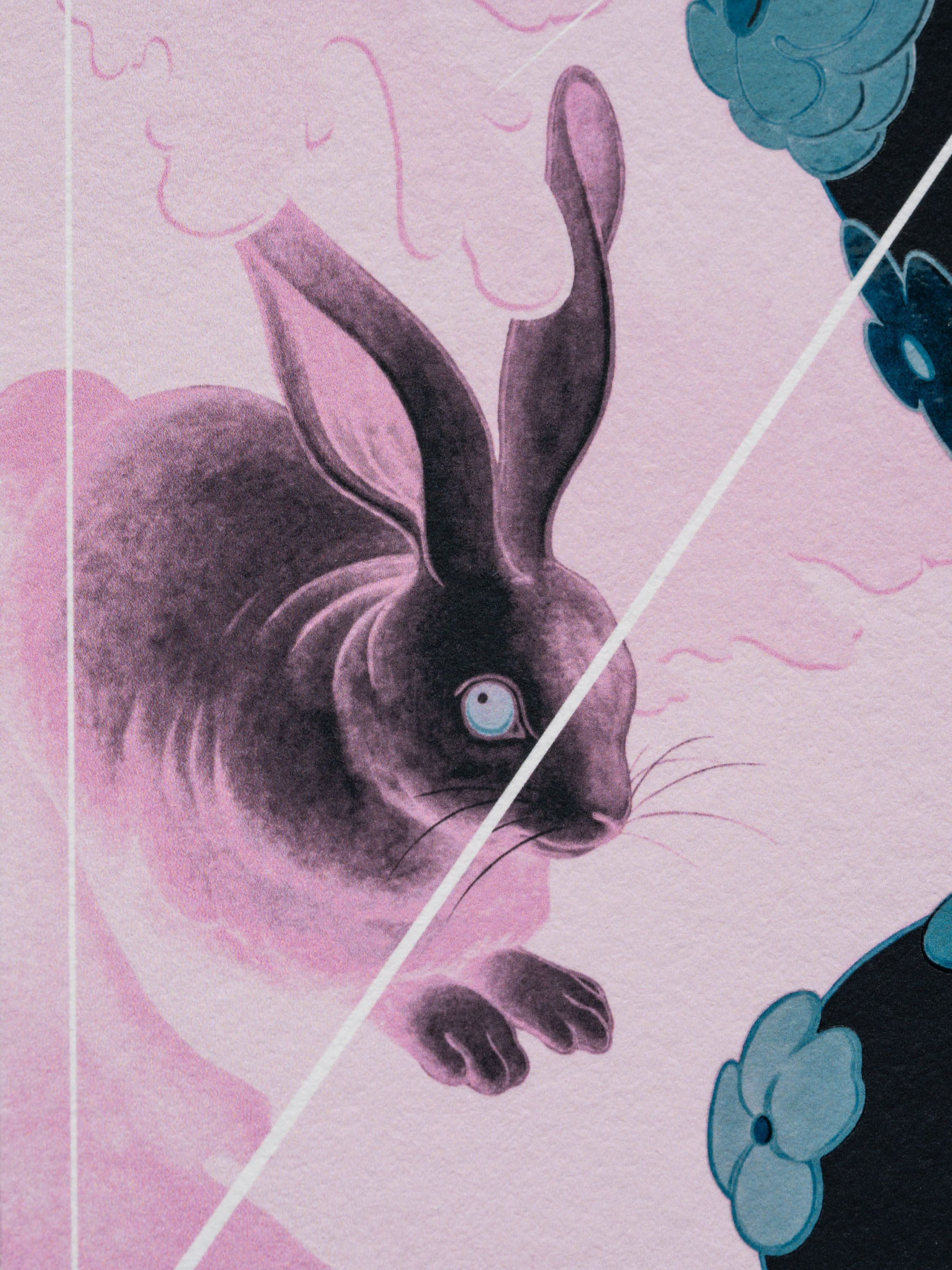Abstract illustration of a rabbit with glowing eyes, surrounded by clouds and flowers, divided diagonally with pink and blue tones.