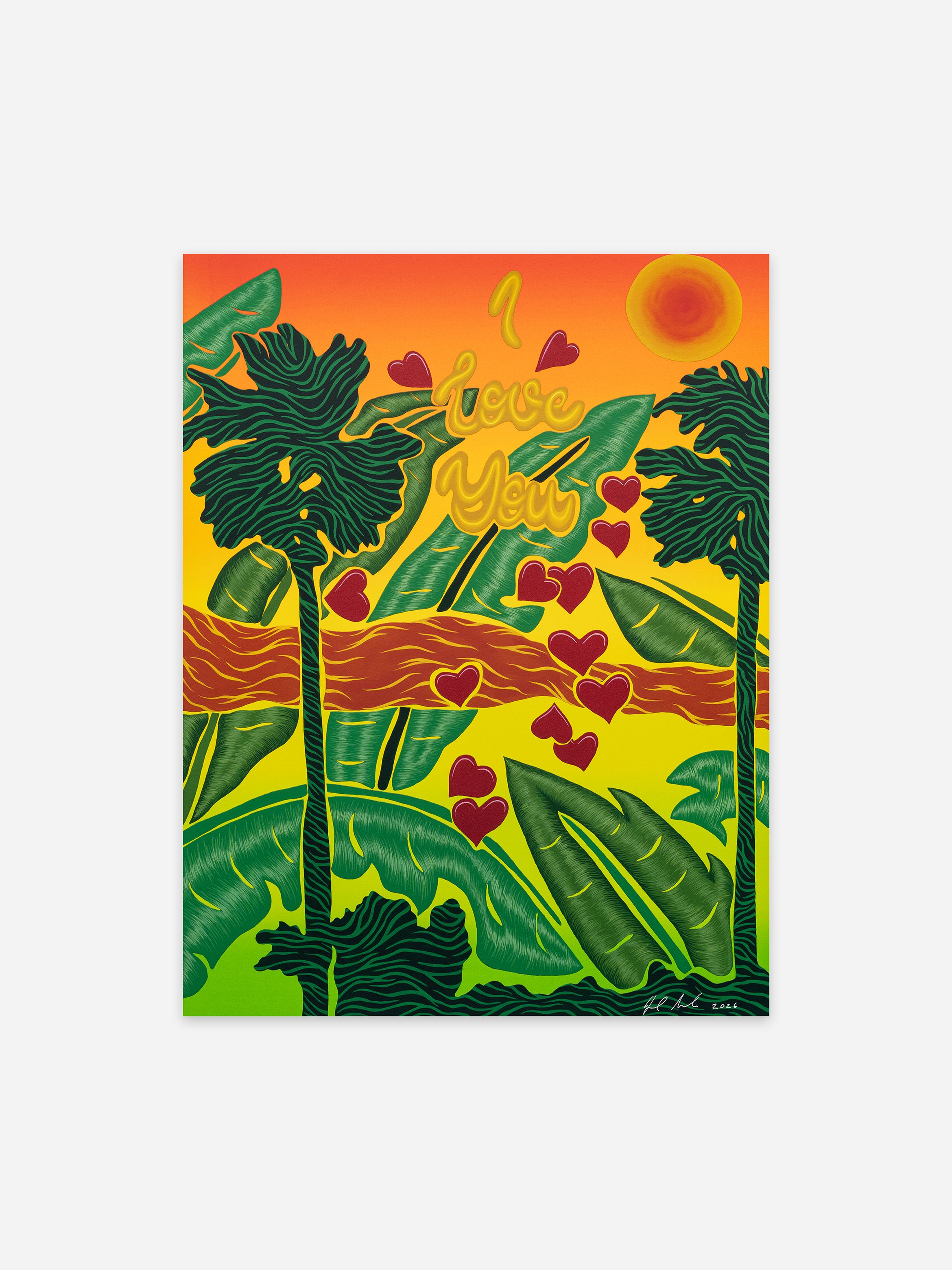 Tropical-themed artwork featuring palm trees, a vibrant sunset, and "I love you" with red hearts scattered throughout.