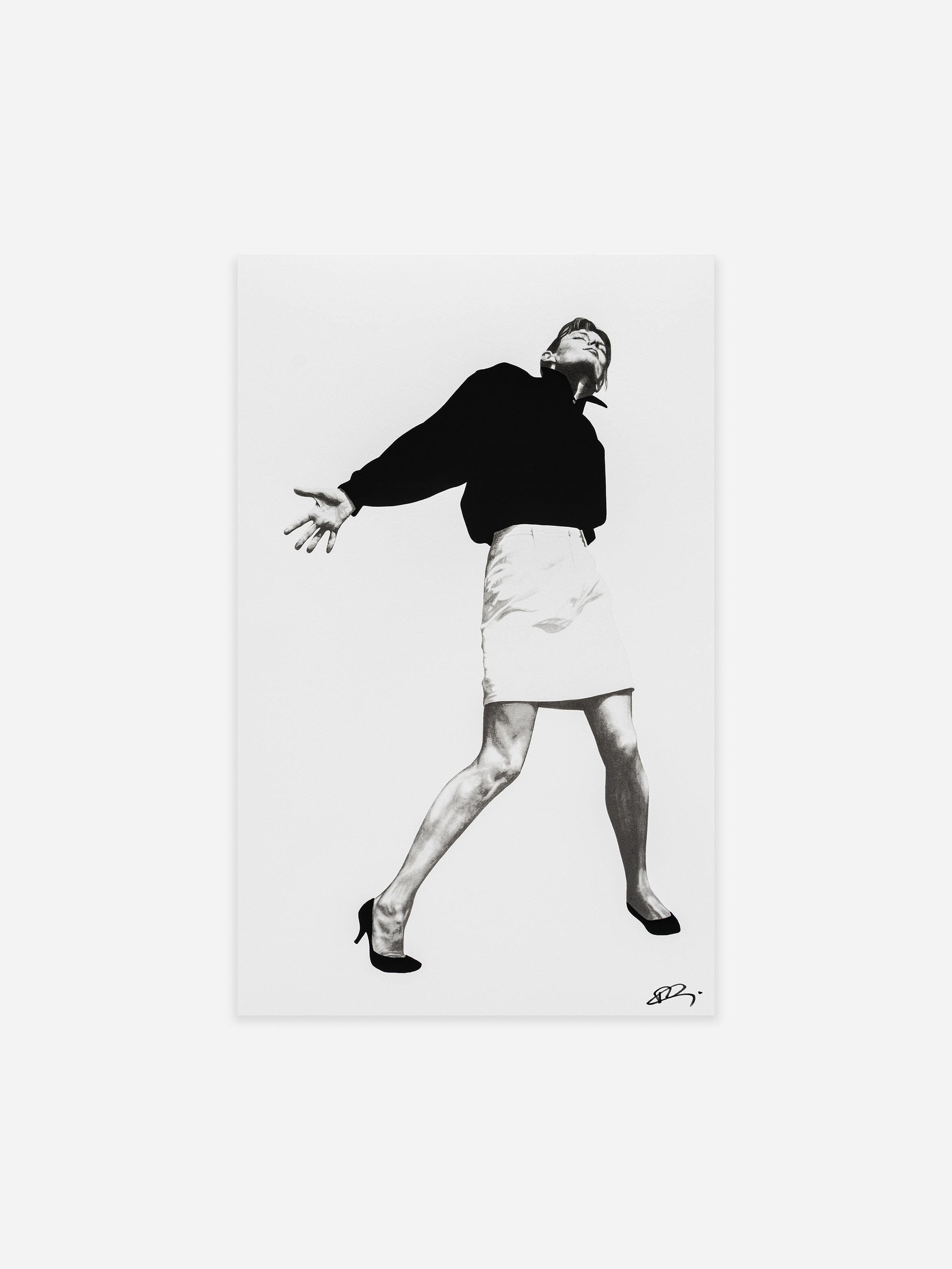 A black and white photo of a person striking a dramatic pose, wearing a dark top, light skirt, and high heels, looking upwards with arms spread wide. A black and white photo of a person striking a dramatic pose, wearing a dark top, light skirt, and high heels, looking upwards with arms spread wide.