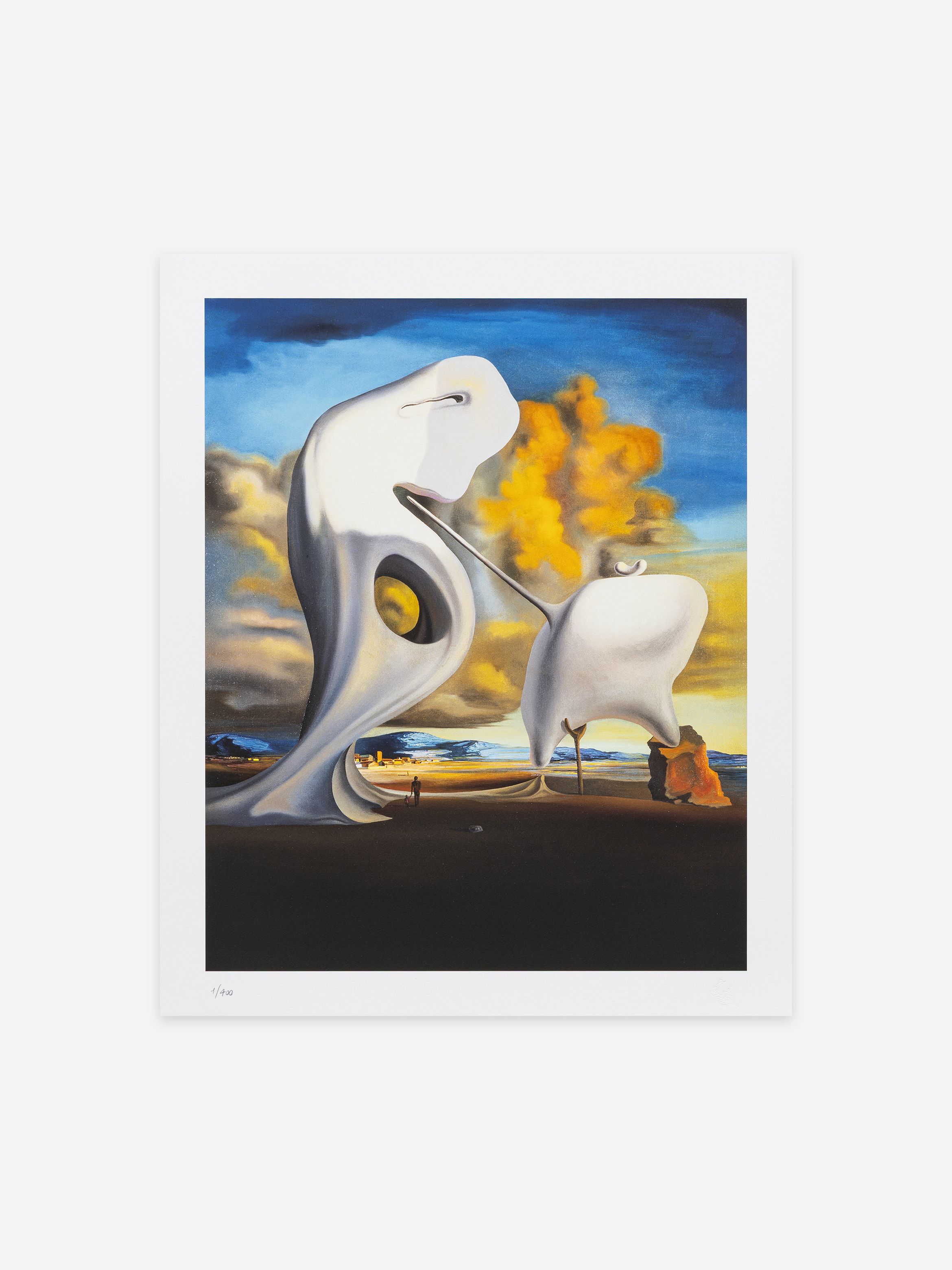 Surreal painting featuring abstract figures, distorted shapes, and a dramatic sky with vivid orange and blue tones on a barren landscape.