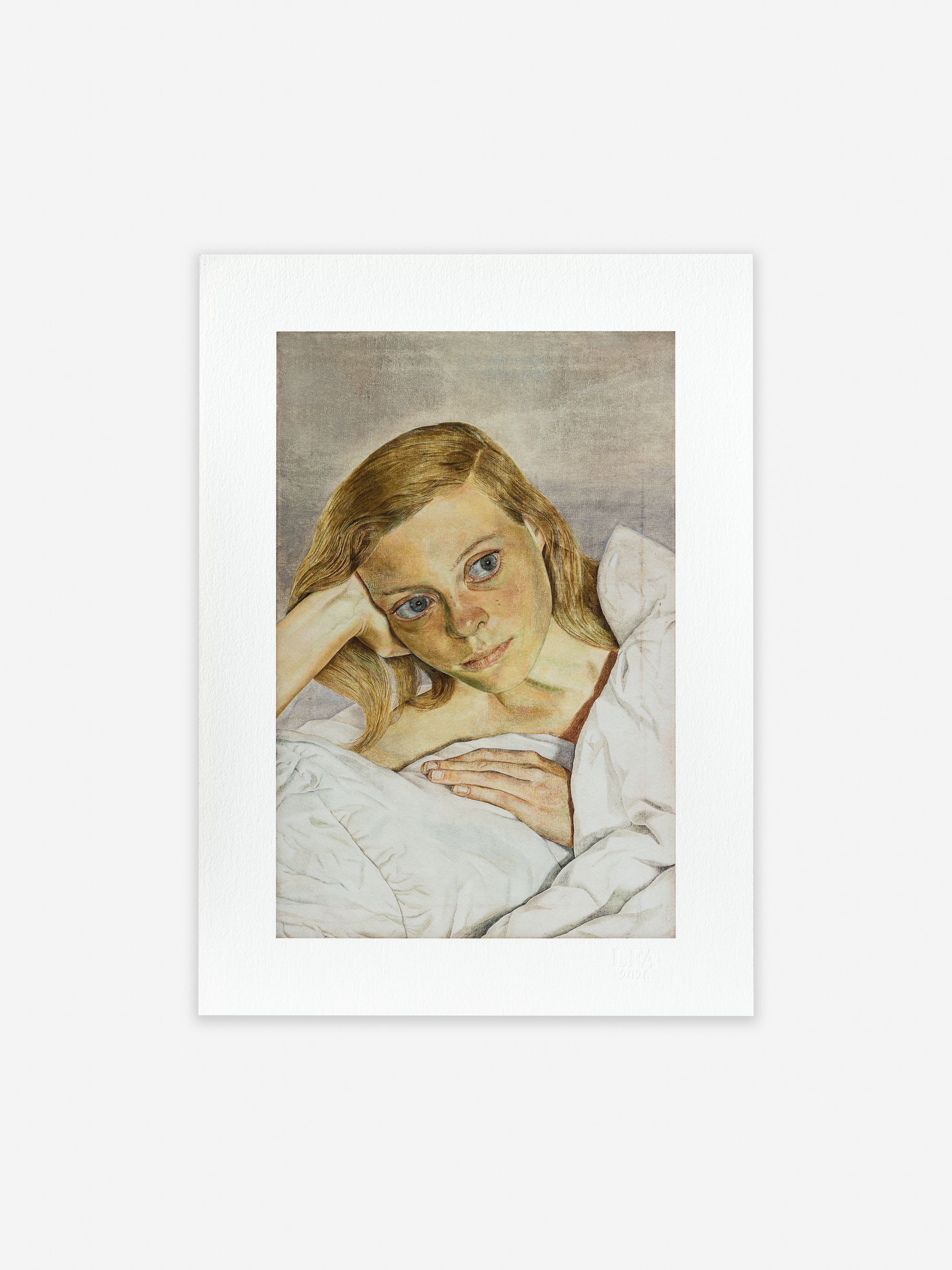 A portrait of a person with long hair lying on a pillow, propped on their elbow, gazing outward with a neutral expression.