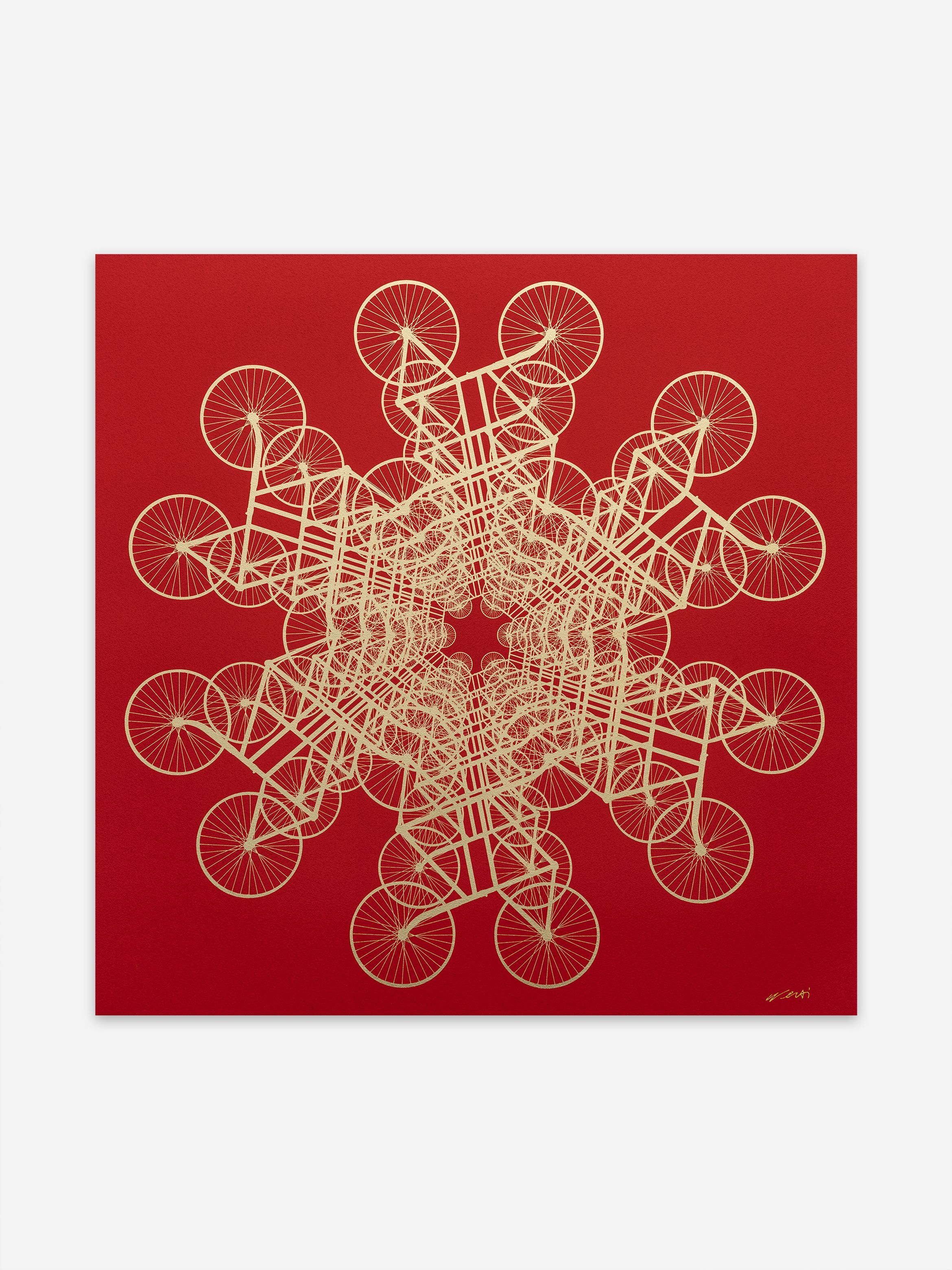 Intricate geometric pattern of overlapping bicycles forming a symmetrical design on a red background.