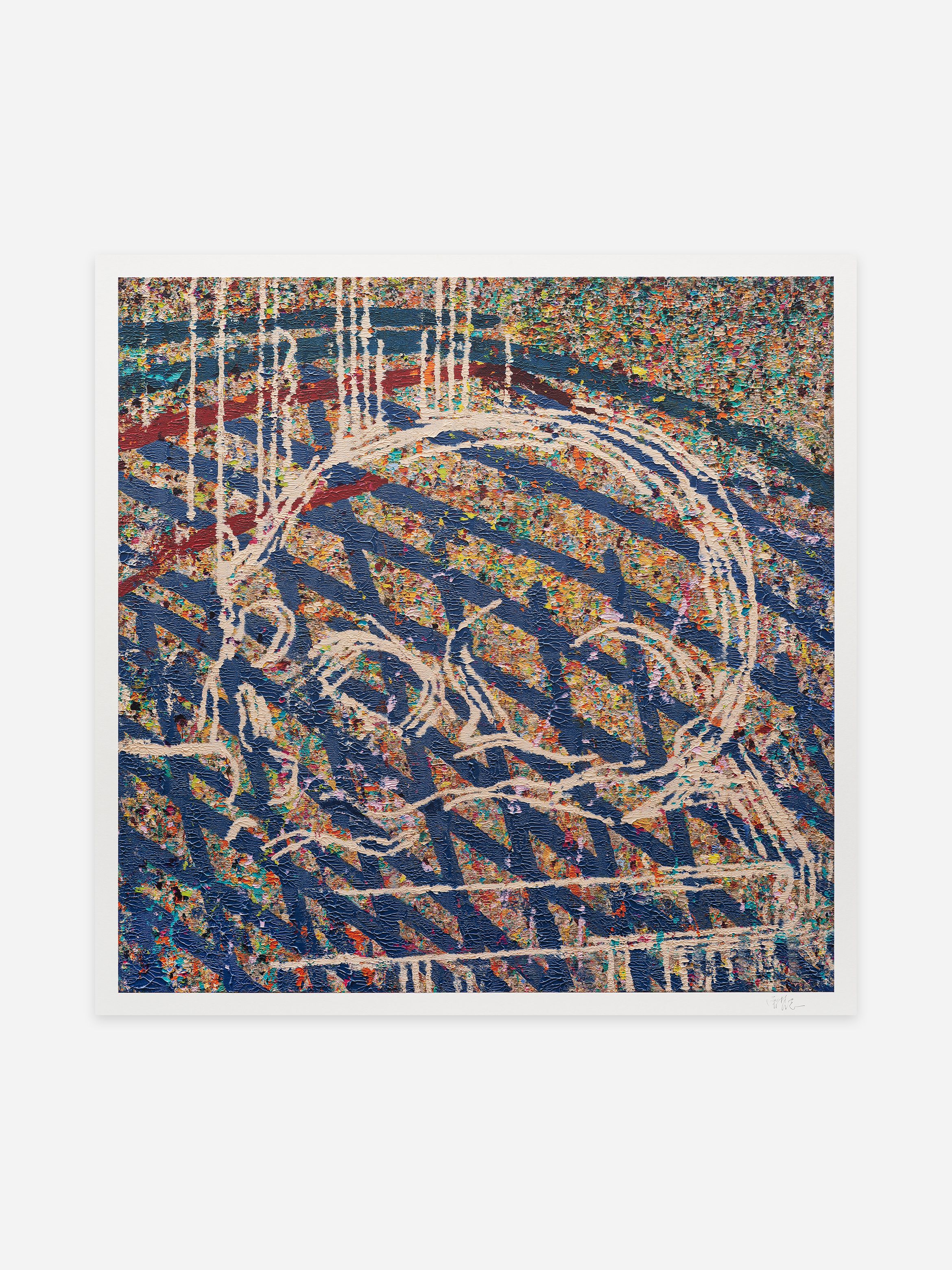 Abstract art with a vibrant mix of colours, featuring intersecting lines and circular patterns over blue and multicoloured textured background.