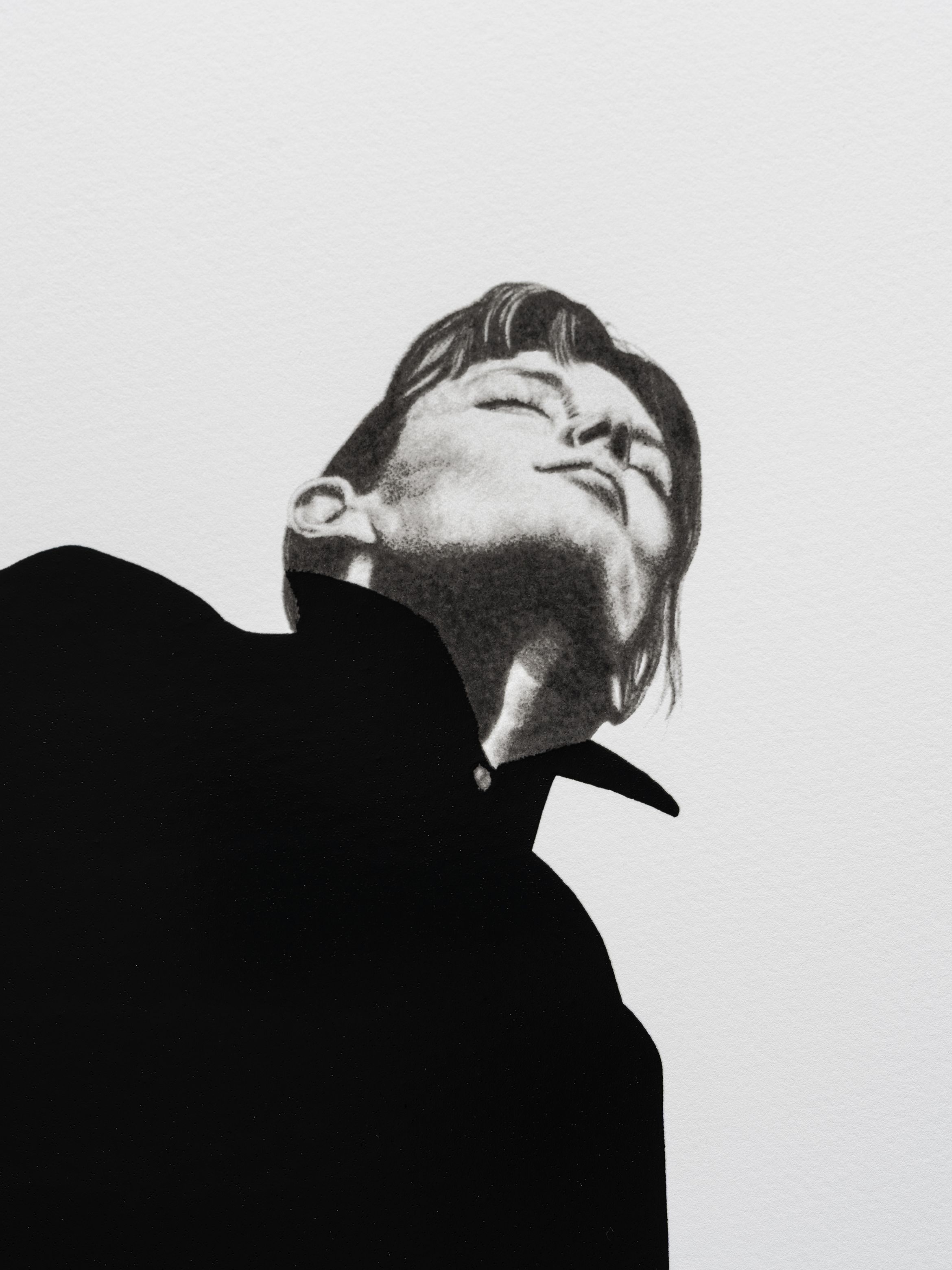 Drawing of a person in a dark coat looking upward with eyes closed against a plain white background.