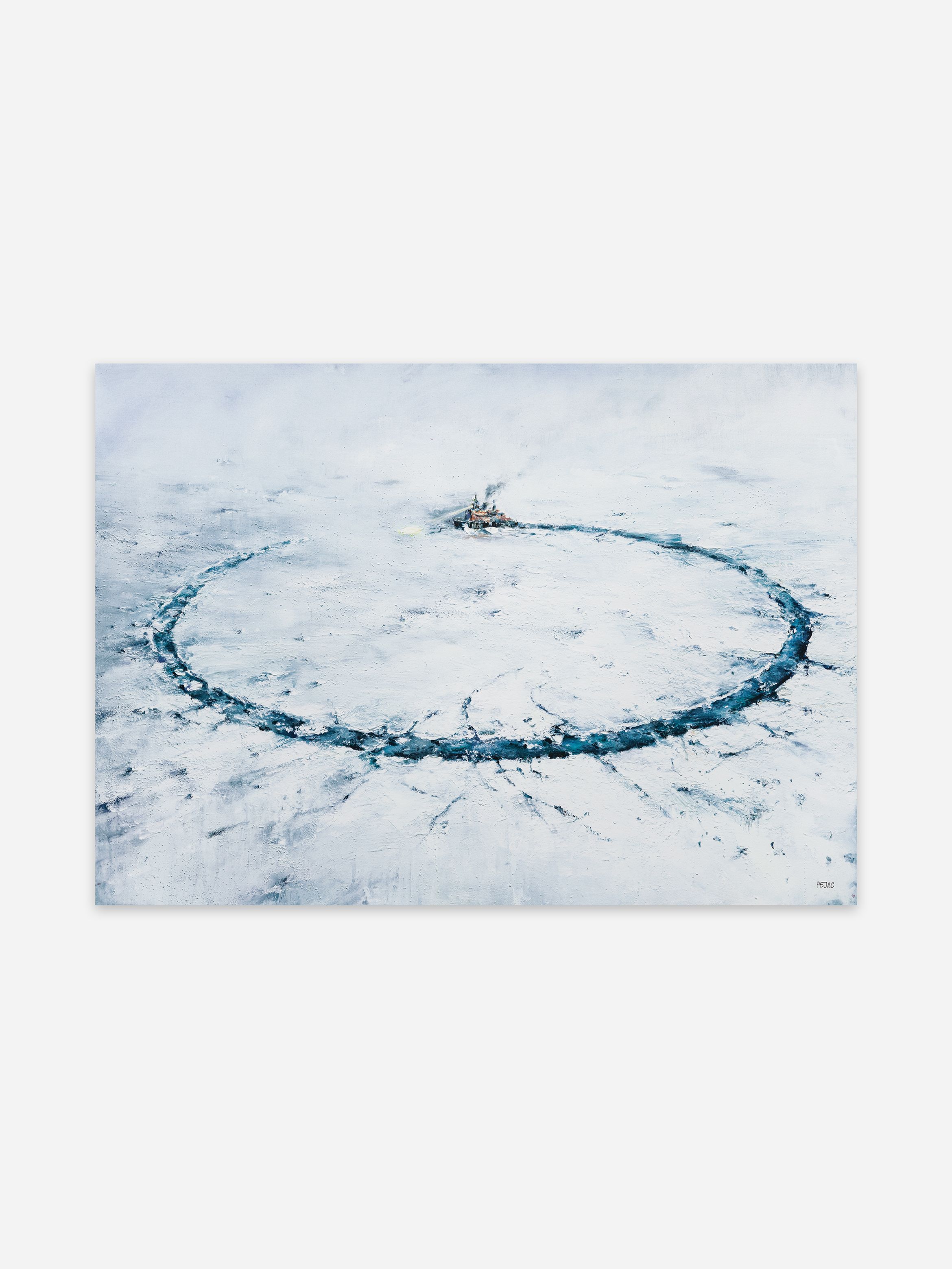 Painting of an icebreaker ship forming a large circular path in the ice, surrounded by snow-covered terrain under an overcast sky.