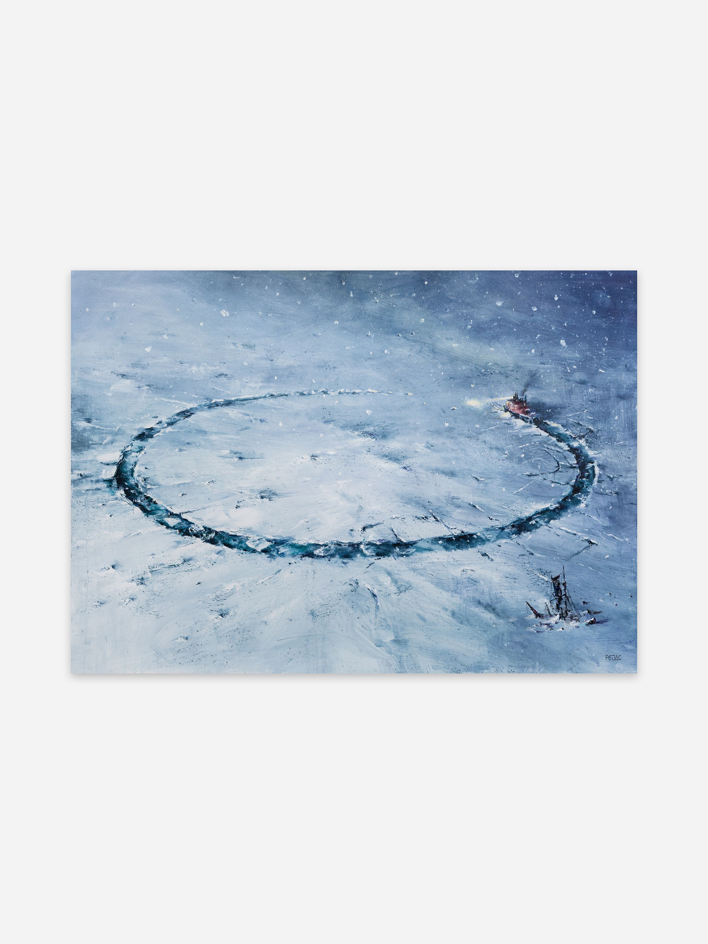 A painting of an icebreaker carving a wide circular path through the ice, with another vessel trapped nearby, set against snow-covered terrain beneath an overcast sky.