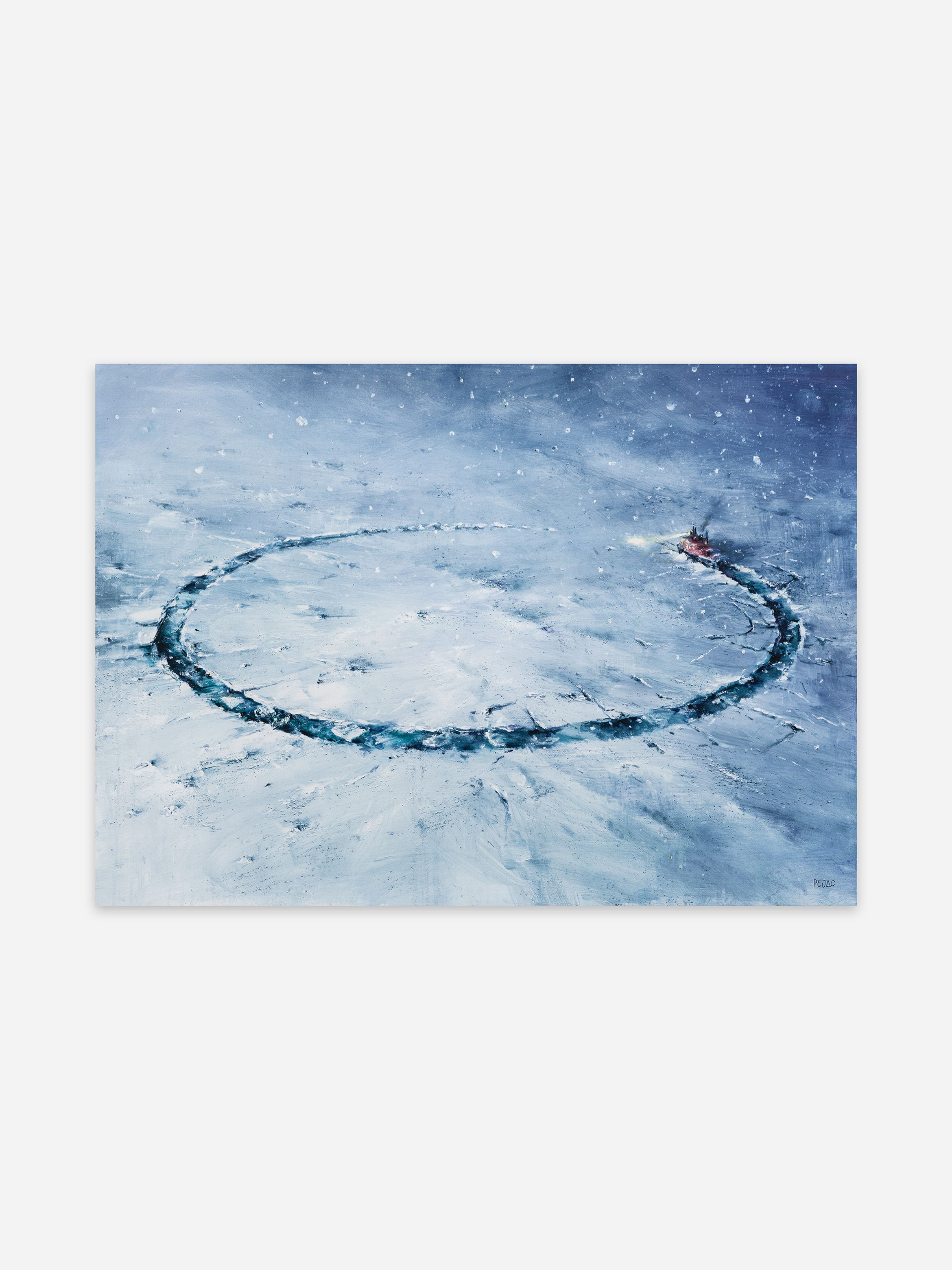 Painting of an icebreaker ship forming a large circular path in the ice, surrounded by snow-covered terrain under an overcast sky.