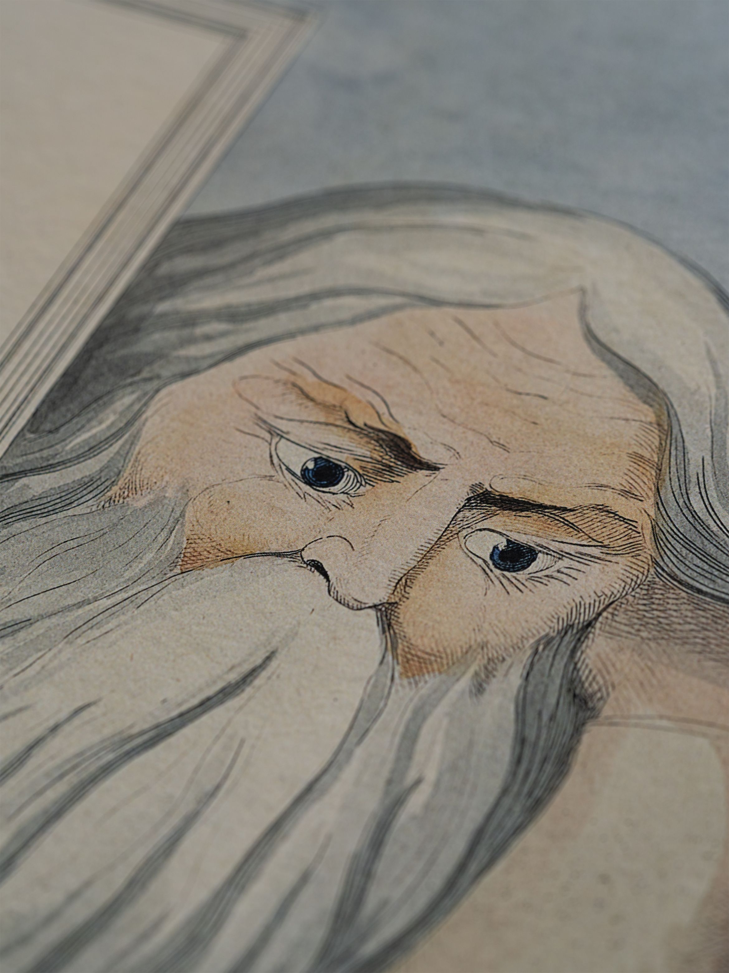 Close-up of a detailed illustration of an elderly man with long white hair and beard, looking down thoughtfully, set against a muted background.