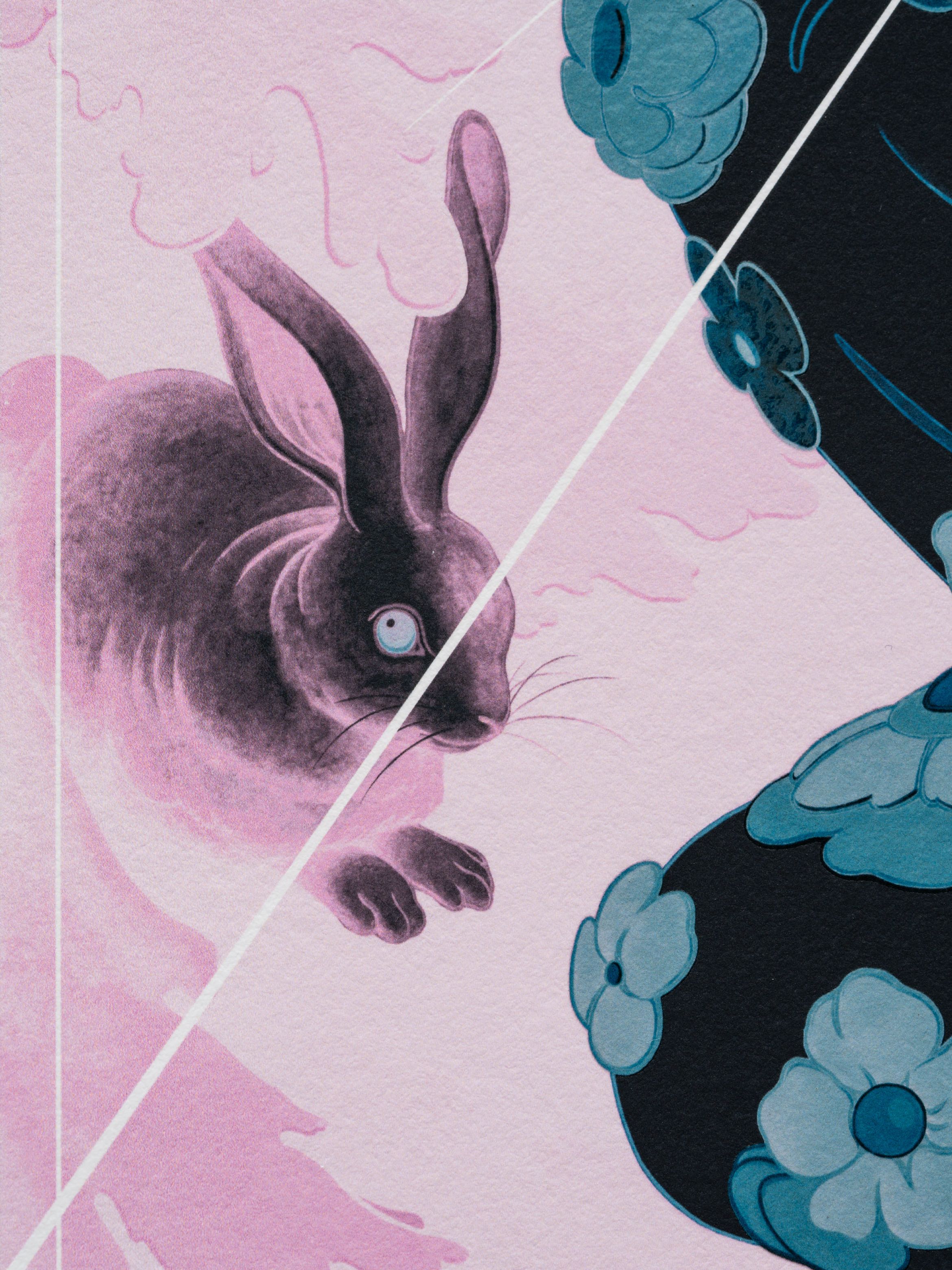 Illustration of a rabbit leaping through a pink and blue abstract background, with floral patterns and dynamic lines.