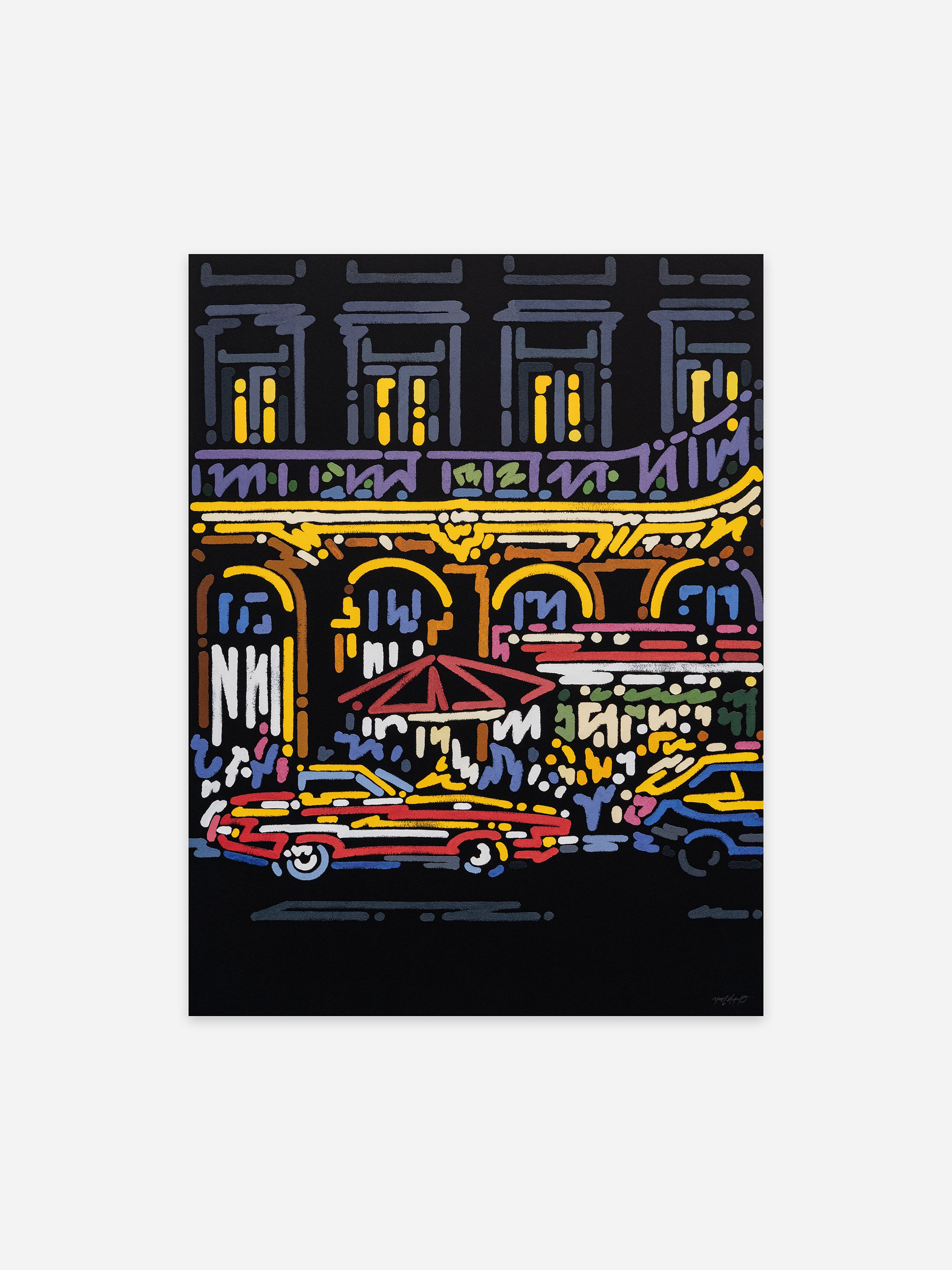 Colourful abstract painting of a city street scene at night, featuring cars, a building with glowing windows, and a red umbrella.