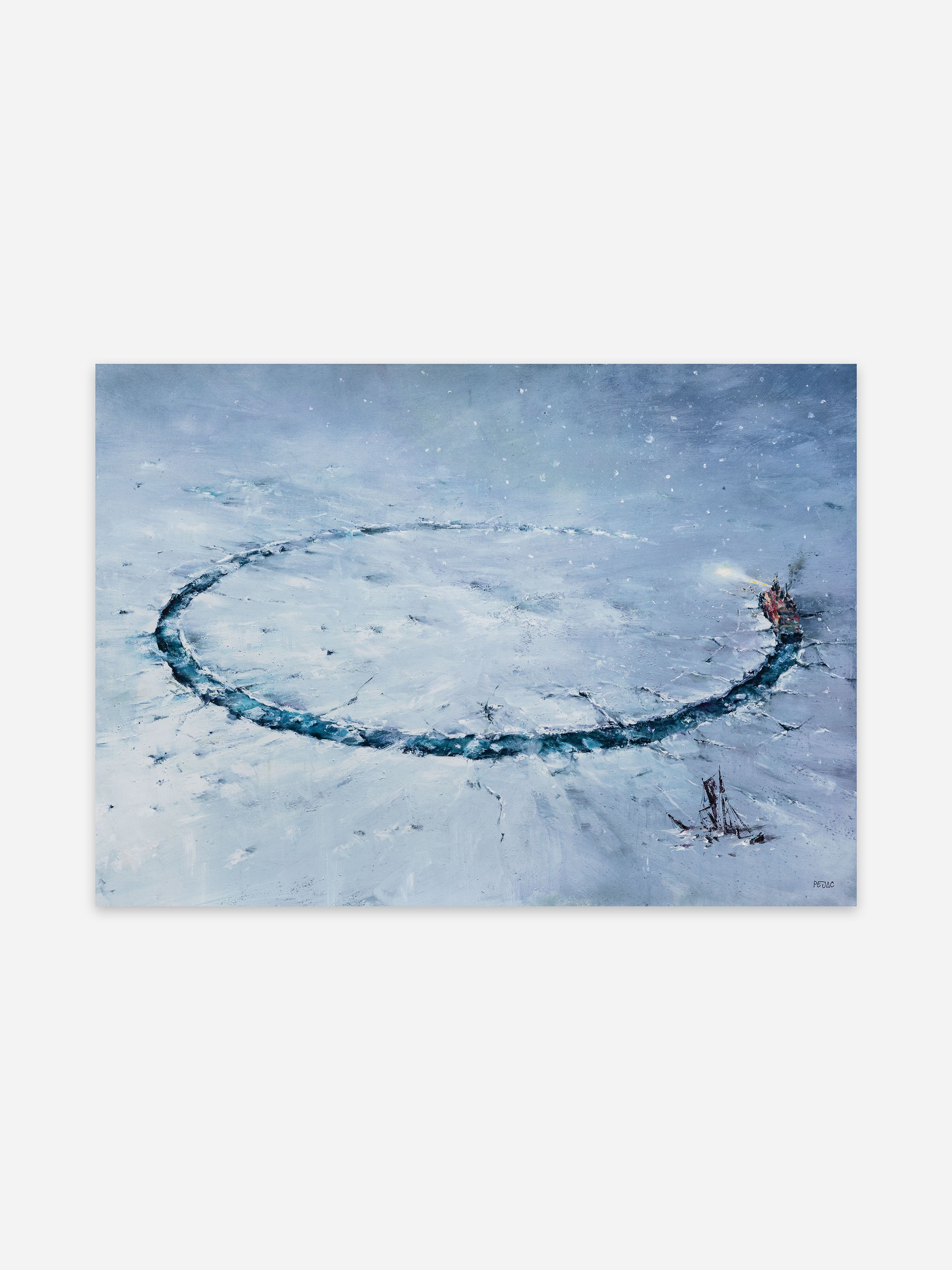 A painting of an icebreaker carving a wide circular path through the ice, with another vessel trapped nearby, set against snow-covered terrain beneath an overcast sky.