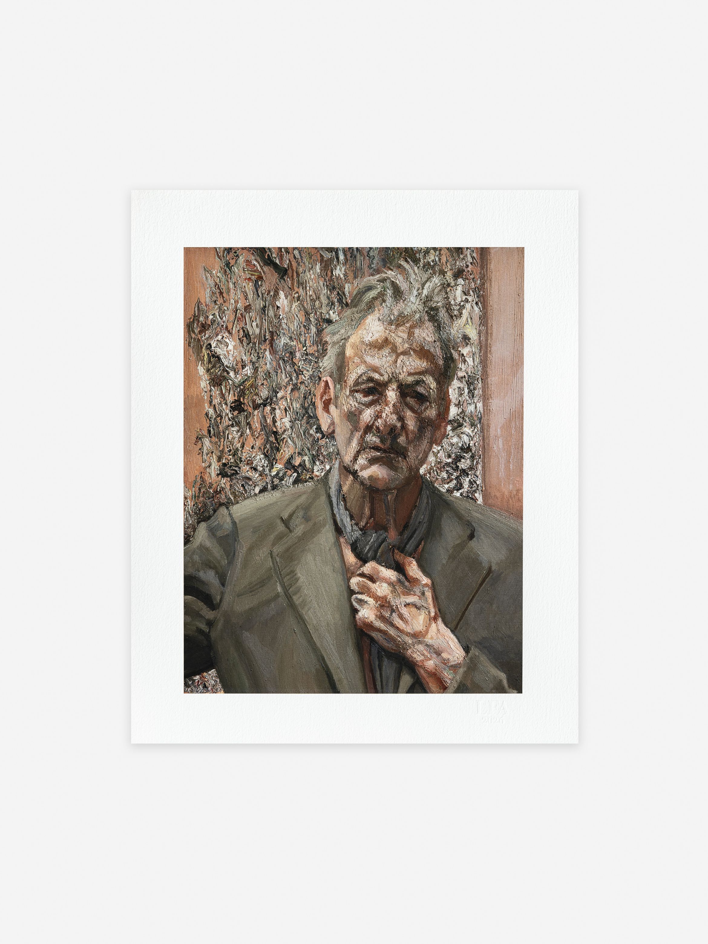 A textured painting of an older man in a suit, with a weathered face and hand touching his chest, set against an abstract background.