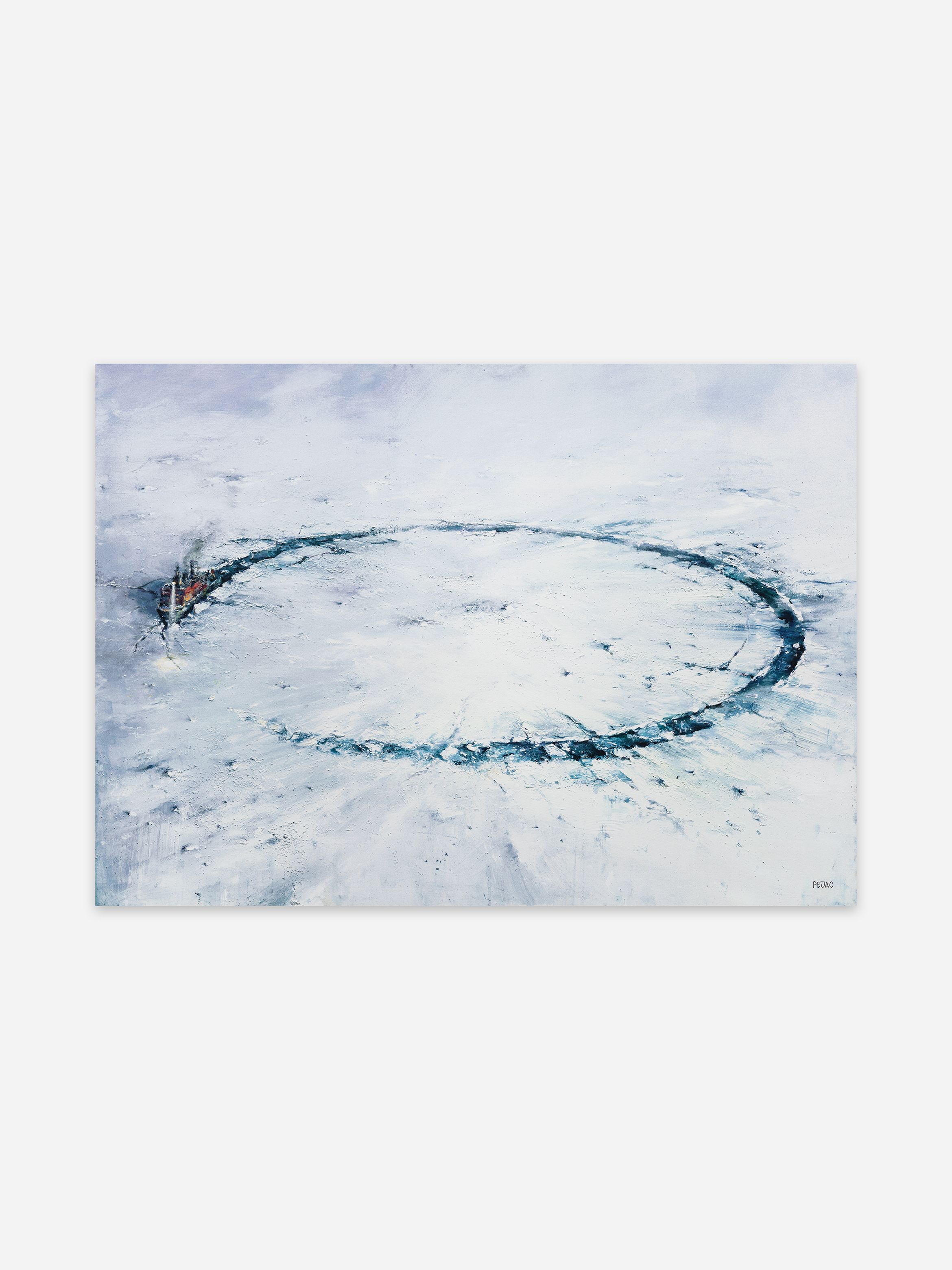 Painting of an icebreaker ship forming a large circular path in the ice, surrounded by snow-covered terrain under an overcast sky. Painting of an icebreaker ship forming a large circular path in the ice, surrounded by snow-covered terrain under an overcast sky.