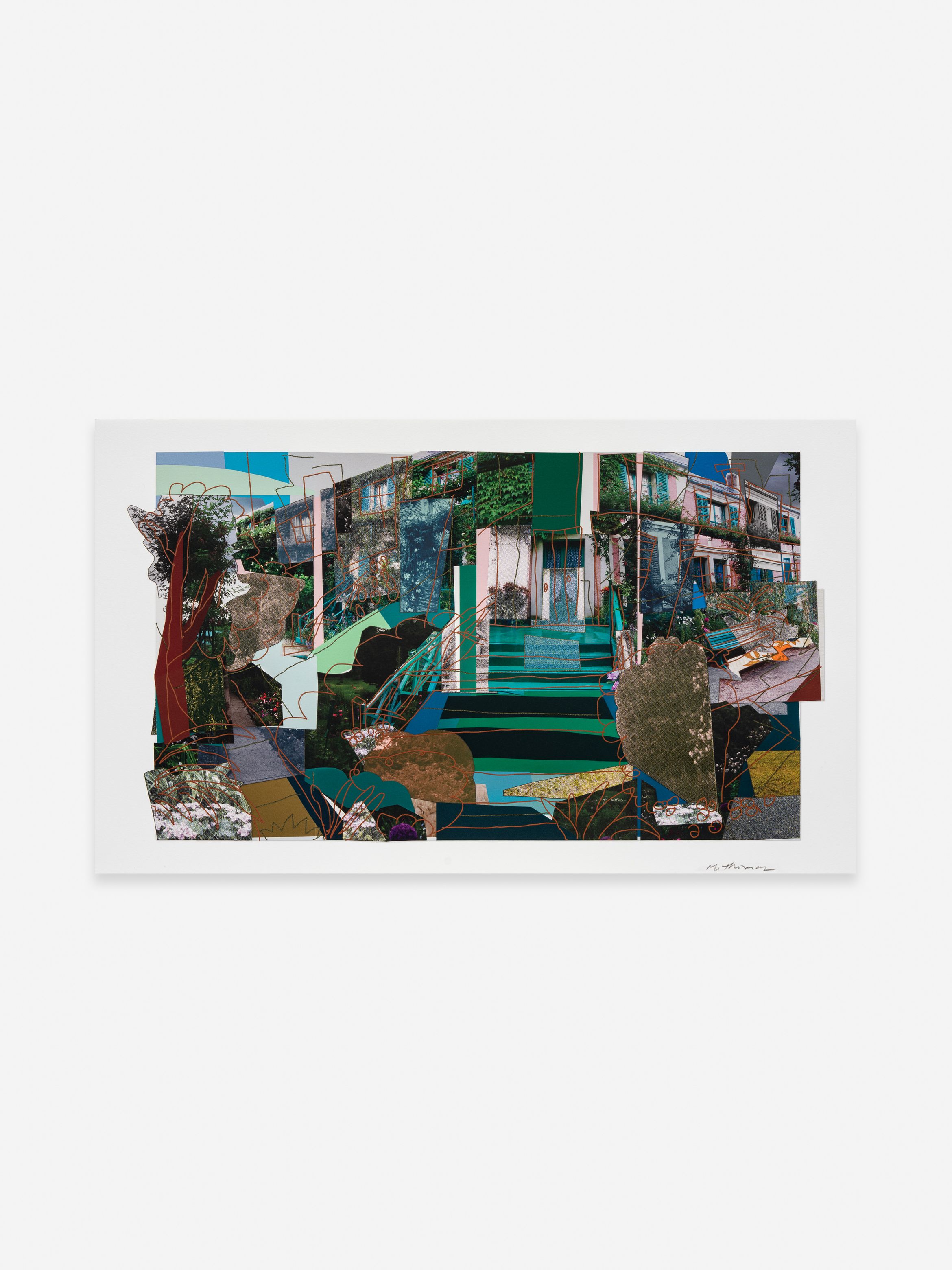Abstract collage featuring fragmented images of a house with greenery, stairs, and architectural elements in varying shades of green and blue.