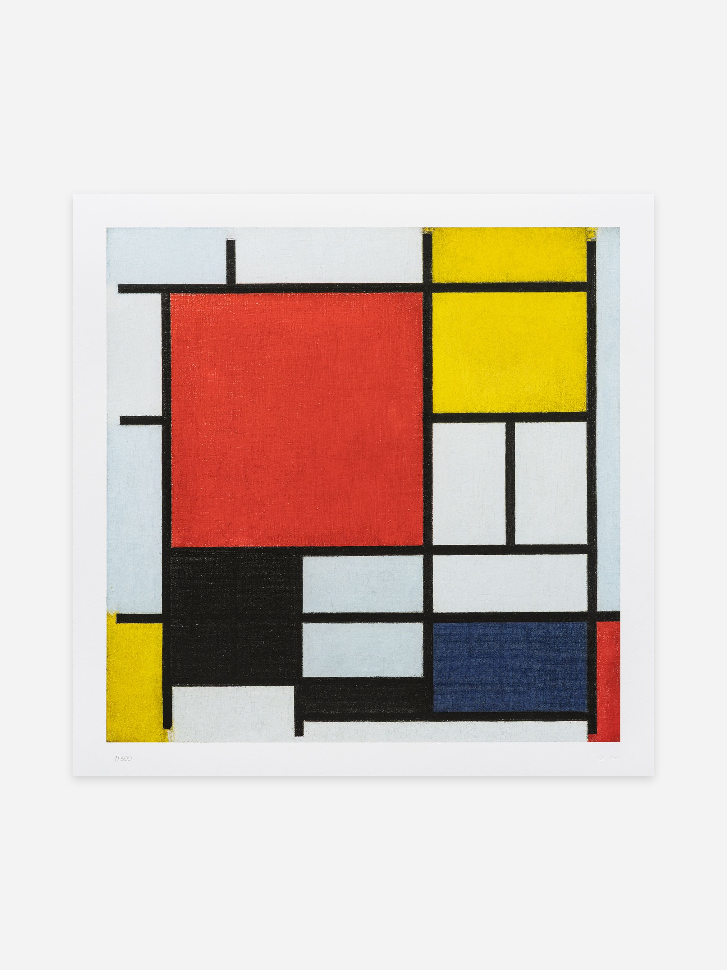 Abstract composition with red, yellow, blue, black, and white rectangles separated by thick black lines in a grid-like pattern.