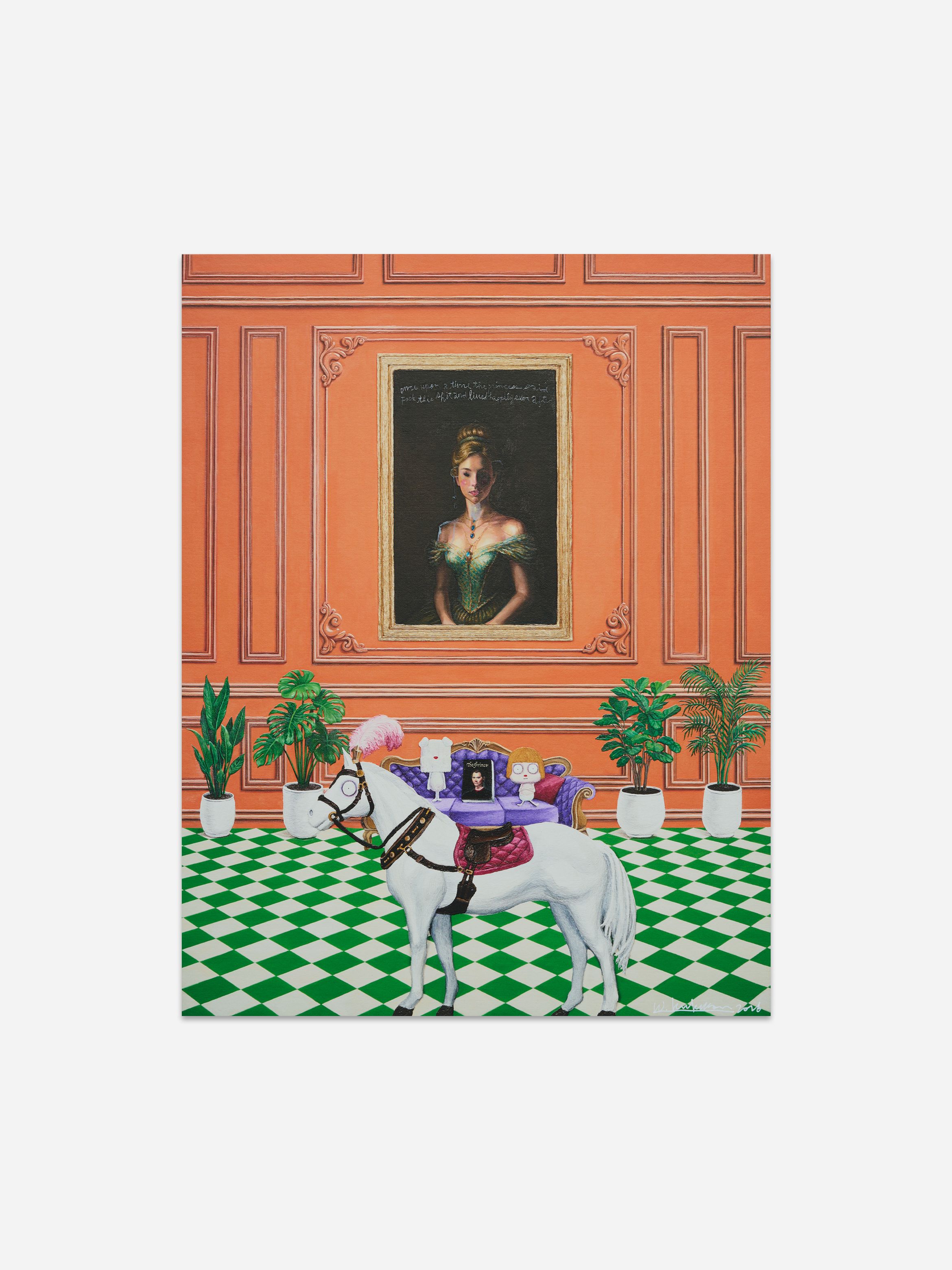 A white horse with a plush toy and doll on its back stands in a room with orange walls, green-checkered floor, plants, and a portrait.