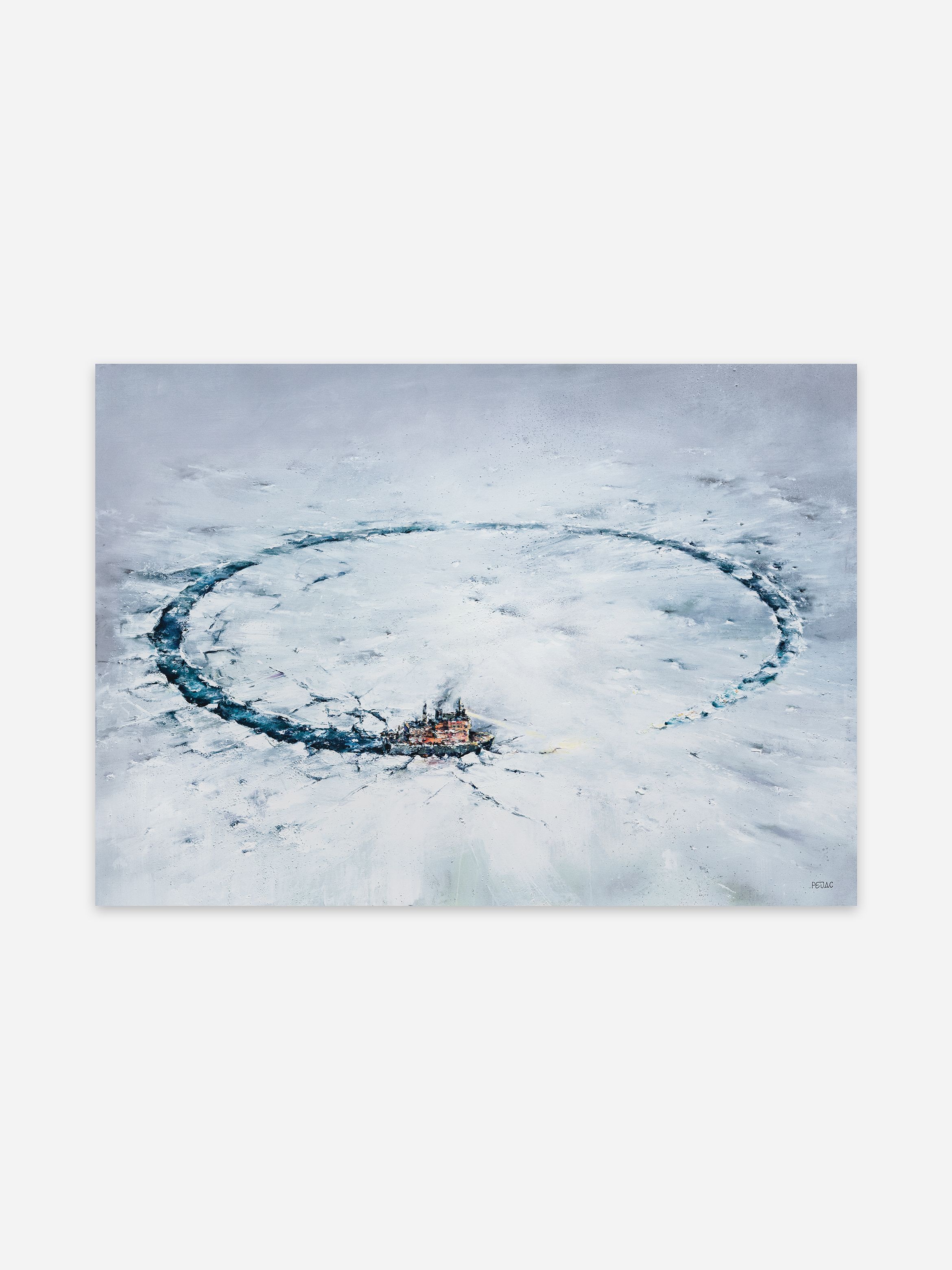 A painted scene of a lone ship navigating through jagged ice in a cold, Arctic-like ocean.