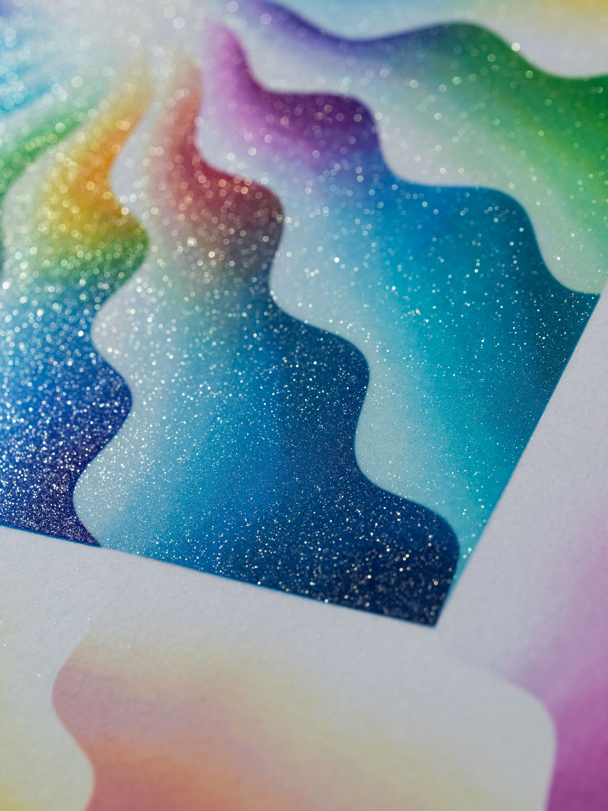 Abstract artwork with wavy, multicoloured gradients and a sparkling texture, featuring blues, purples, and greens.