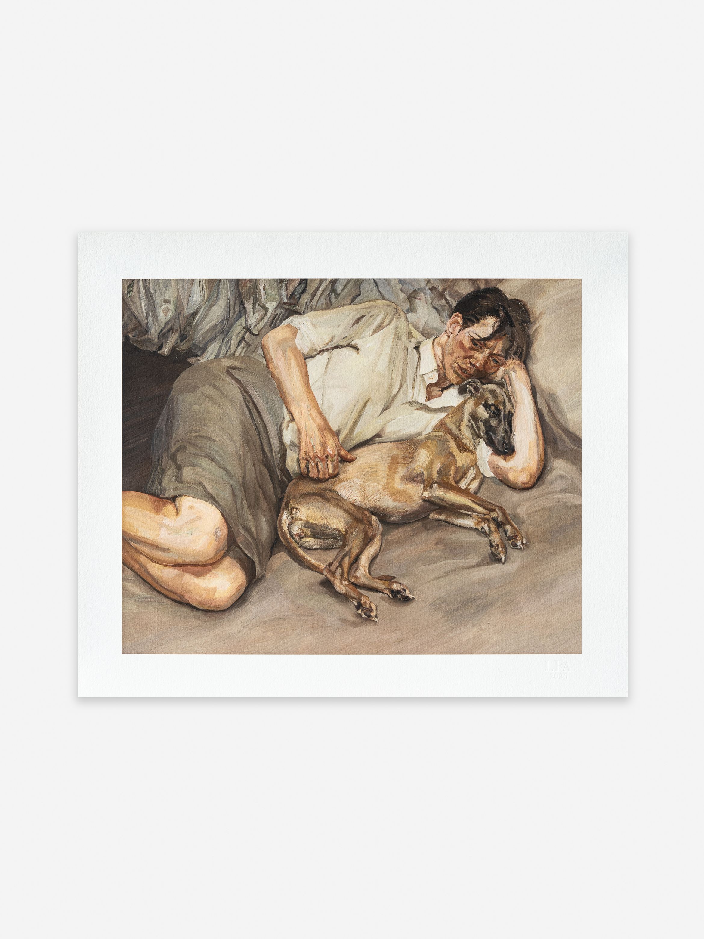 Person lying on a bed, cuddling a dog. The scene conveys warmth and relaxation, with a muted colour palette.
