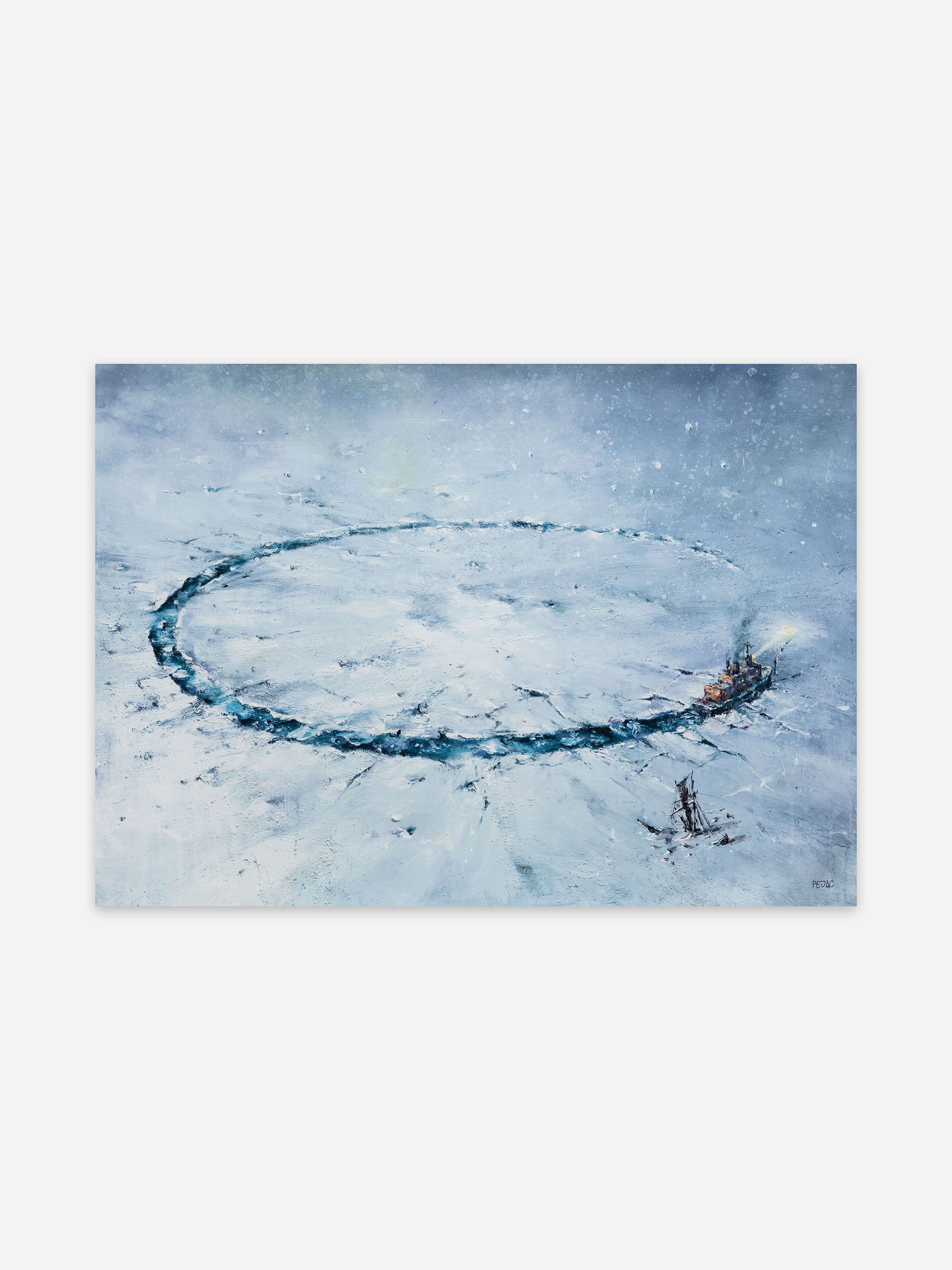 A painting of an icebreaker carving a wide circular path through the ice, with another vessel trapped nearby, set against snow-covered terrain beneath an overcast sky.