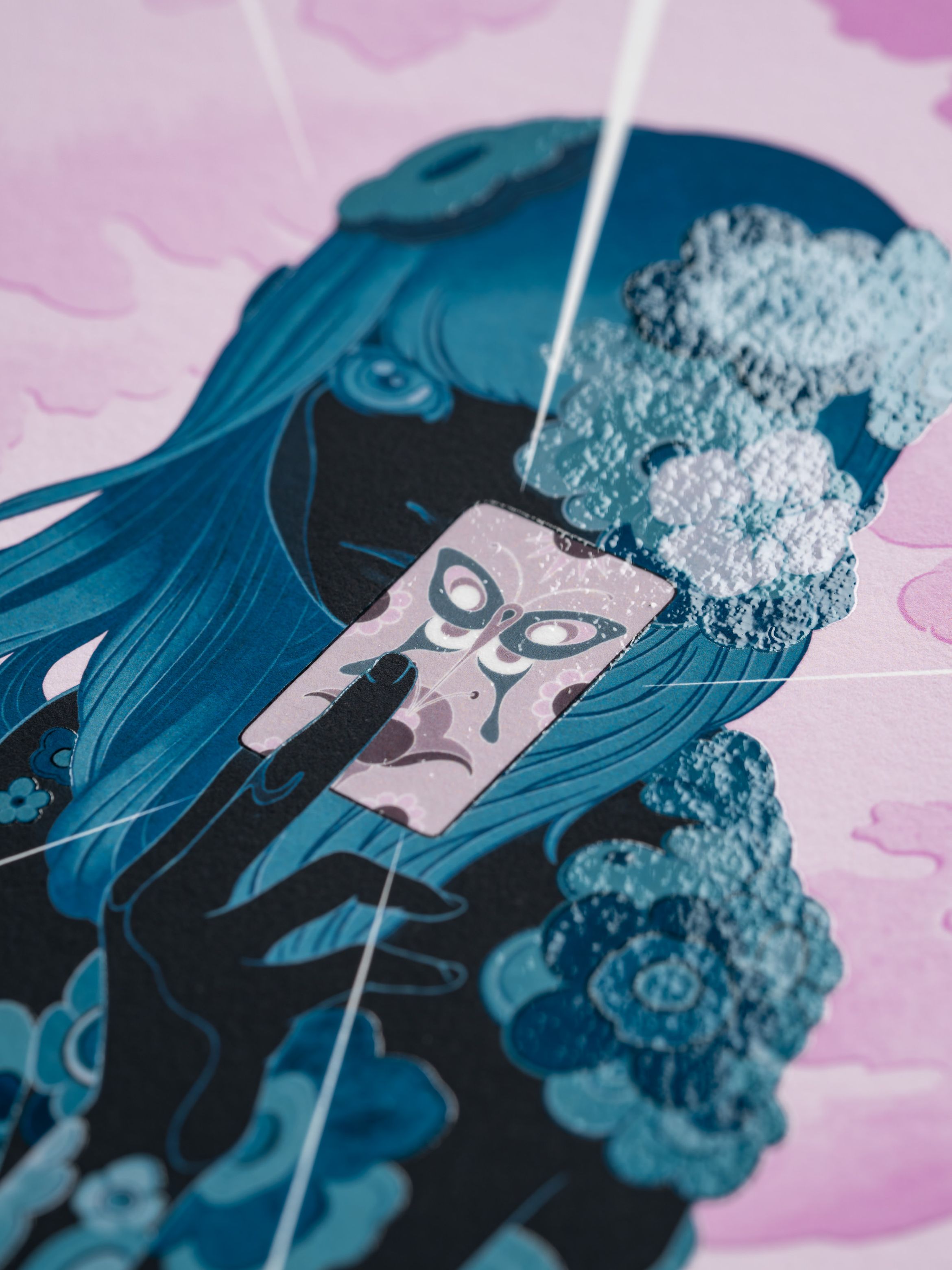 Stylised artwork of a person with blue hair holding a card with a butterfly. The background is pink with clouds and abstract patterns.