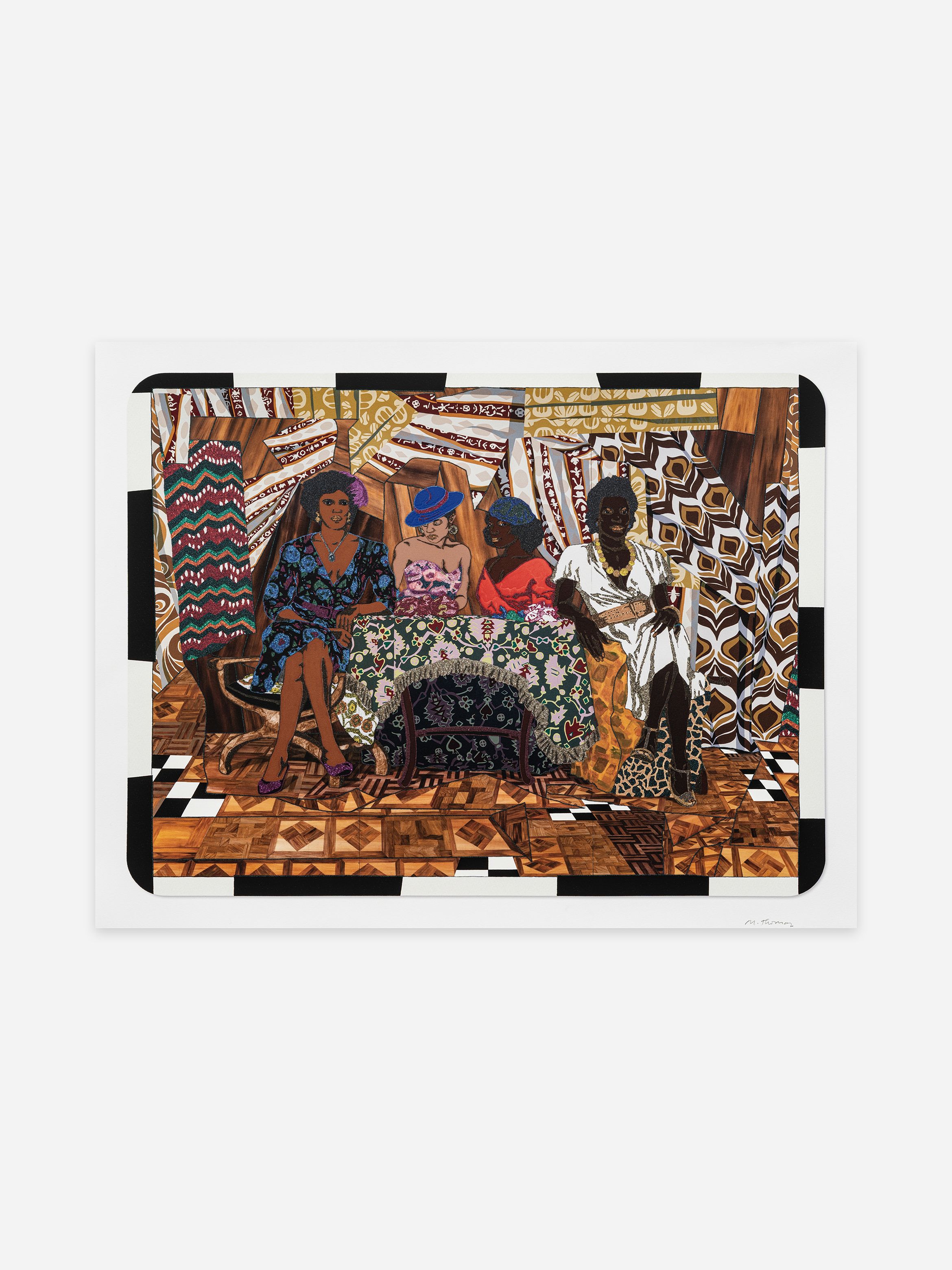 Four people in vibrant patterned attire sit at a table in a room with bold, geometric wall and floor designs.