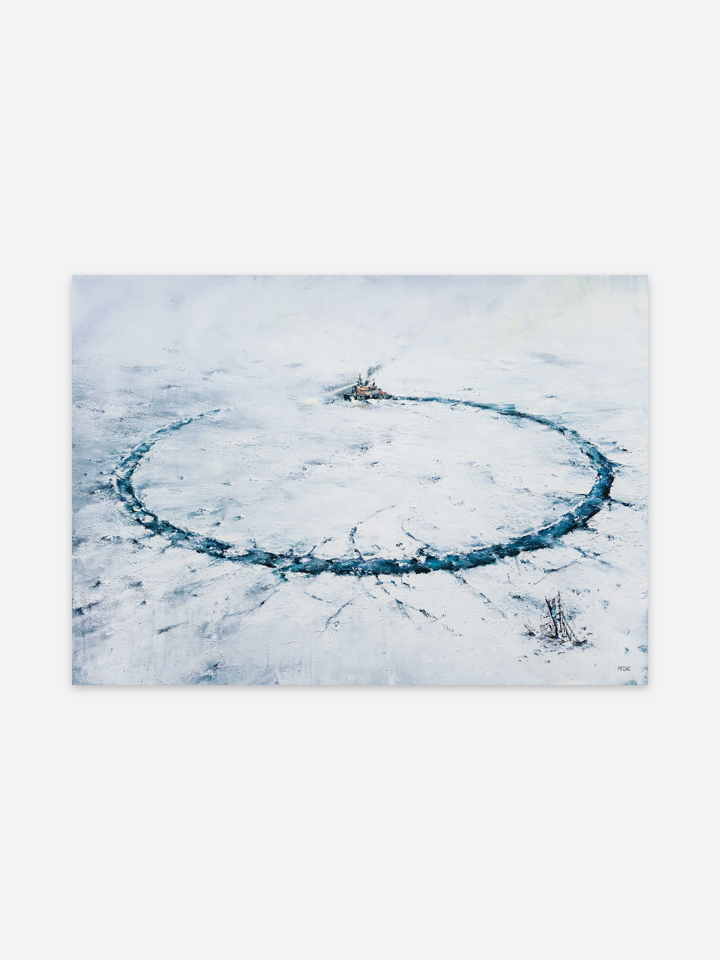A painting of an icebreaker carving a wide circular path through the ice, with another vessel trapped nearby, set against snow-covered terrain beneath an overcast sky.