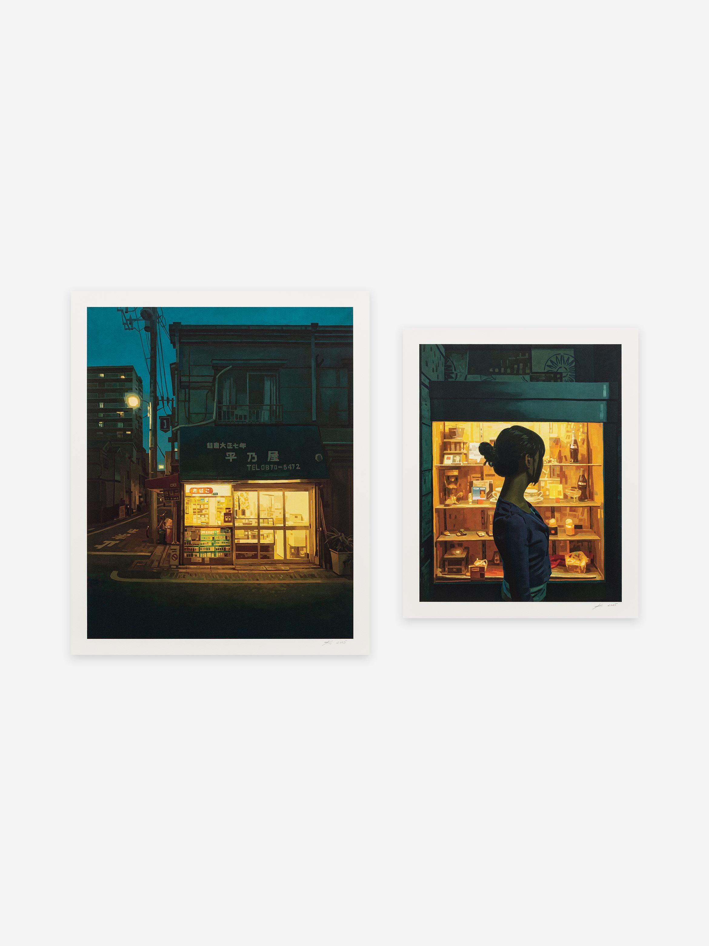 Two framed artworks: one depicts a lit shop at night, the other shows a woman in profile looking at illuminated shelves.