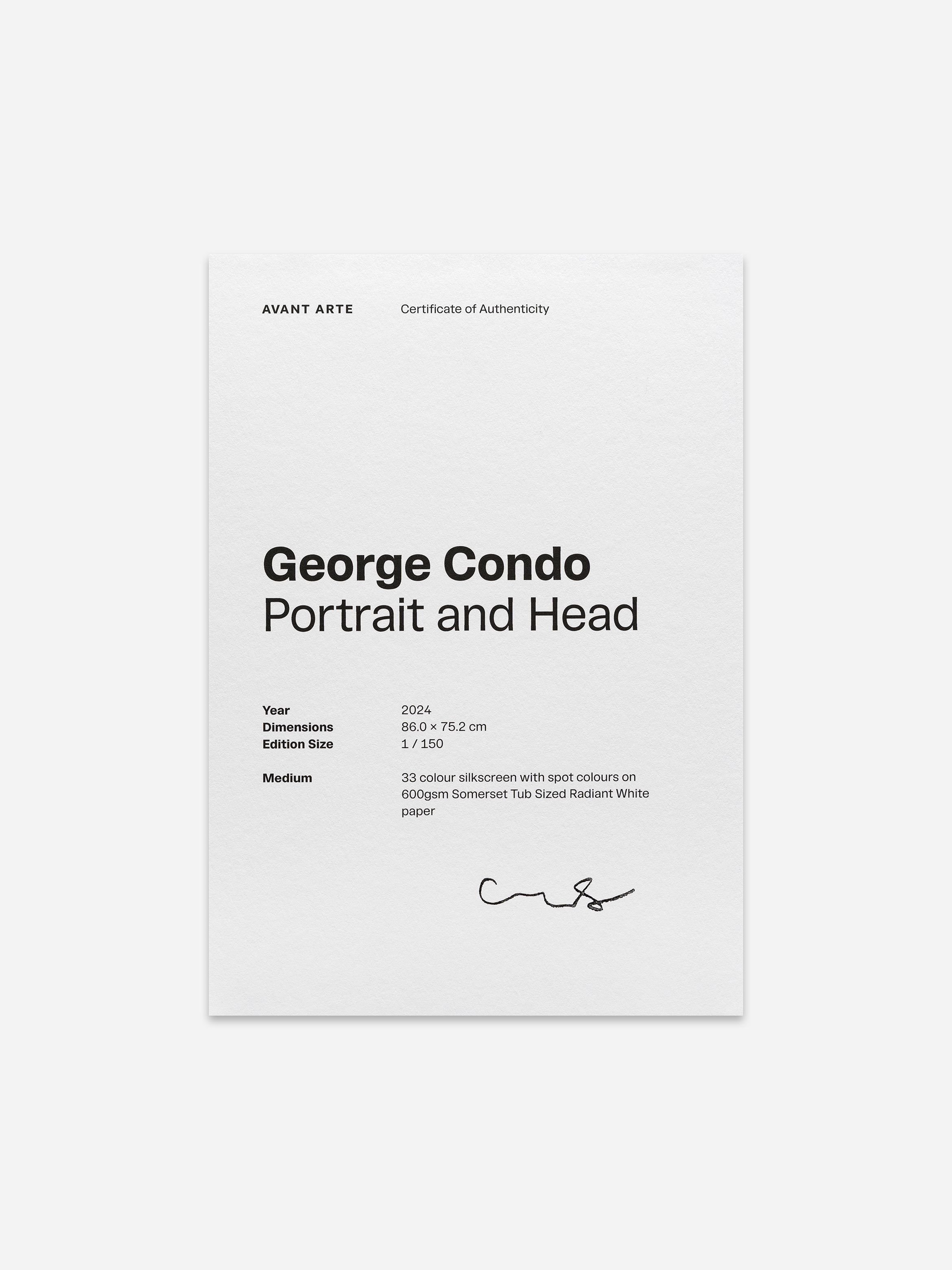 Certificate of authenticity for "Portrait and Head" by George Condo, detailing dimensions, edition size, and medium on white paper.