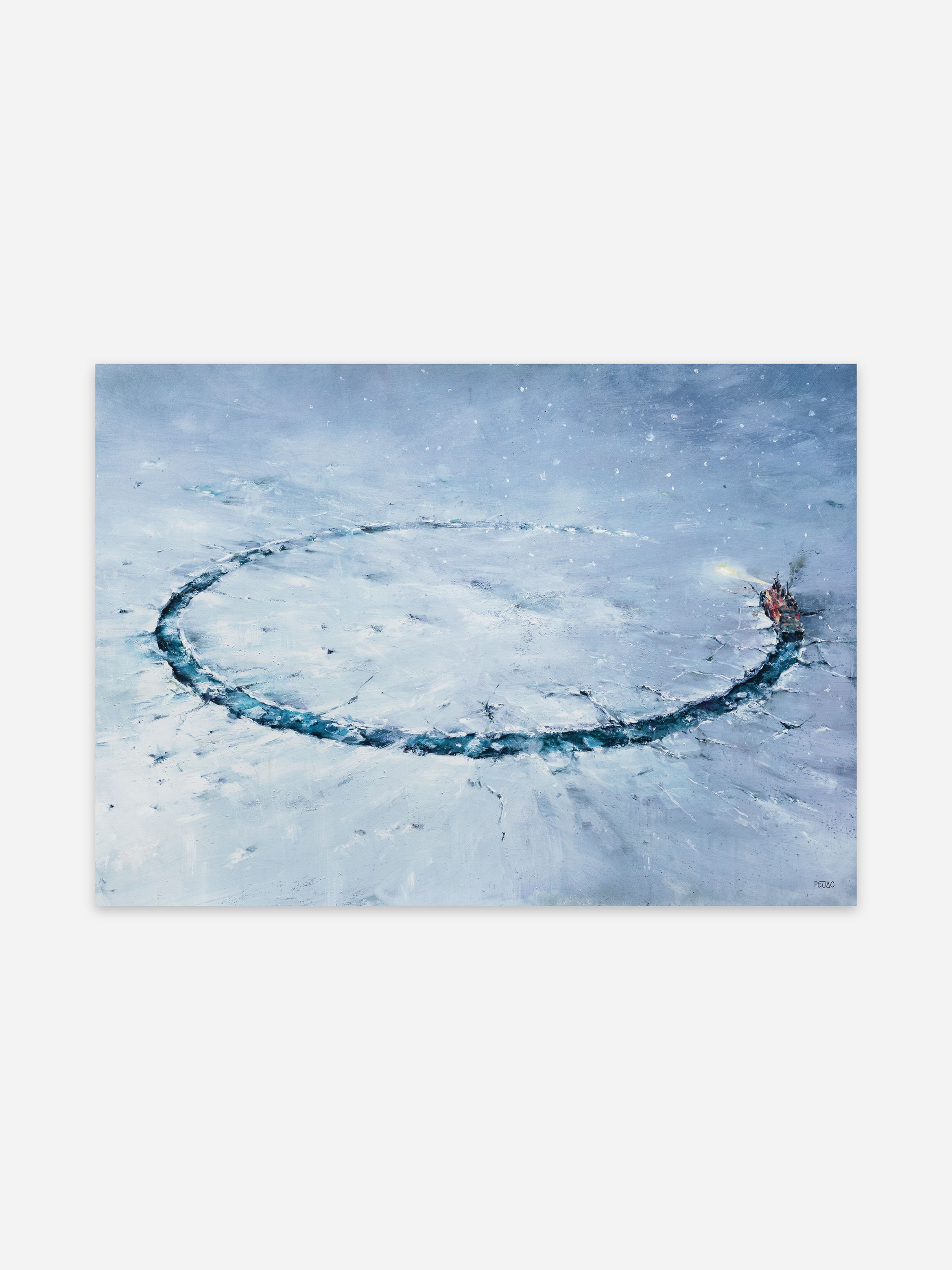Painting of an icebreaker ship forming a large circular path in the ice, surrounded by snow-covered terrain under an overcast sky. Painting of an icebreaker ship forming a large circular path in the ice, surrounded by snow-covered terrain under an overcast sky.