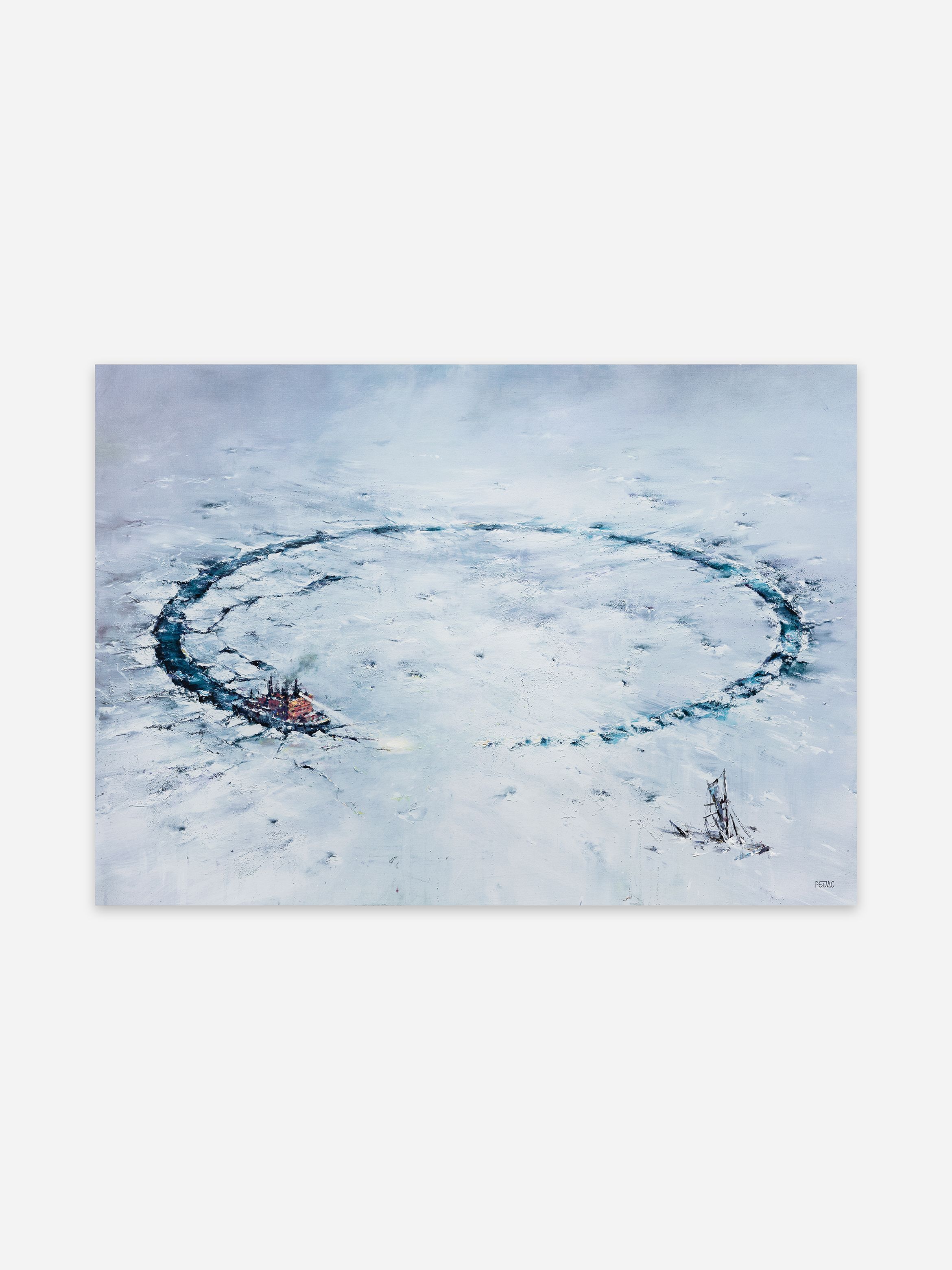 A painting of an icebreaker carving a wide circular path through the ice, with another vessel trapped nearby, set against snow-covered terrain beneath an overcast sky.