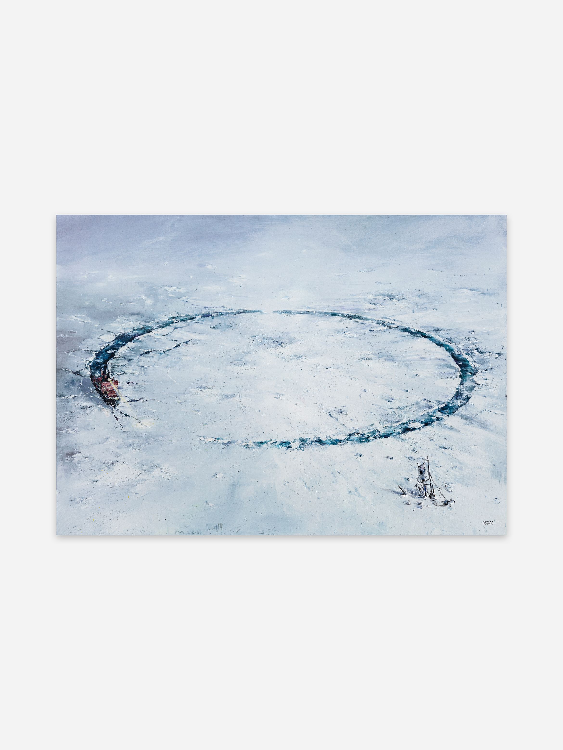 A painting of an icebreaker carving a wide circular path through the ice, with another vessel trapped nearby, set against snow-covered terrain beneath an overcast sky.